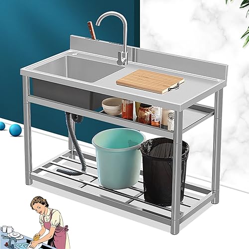 Miniatura 2 de Fregadero de restaurante comercial, fregadero de cocina utilitario, con grifo y estantes de almacenamiento dobles de acero inoxidable, fregadero de