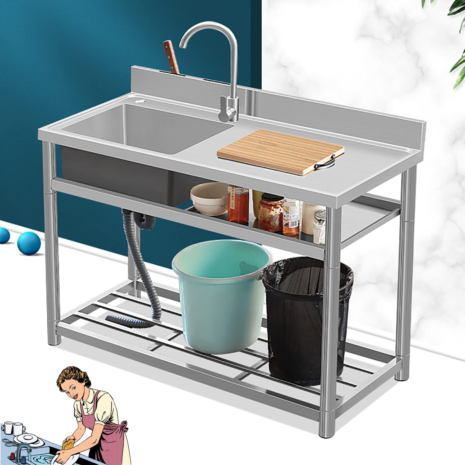 Évier commercial en acier inoxydable : grande cuve unique et double rangement