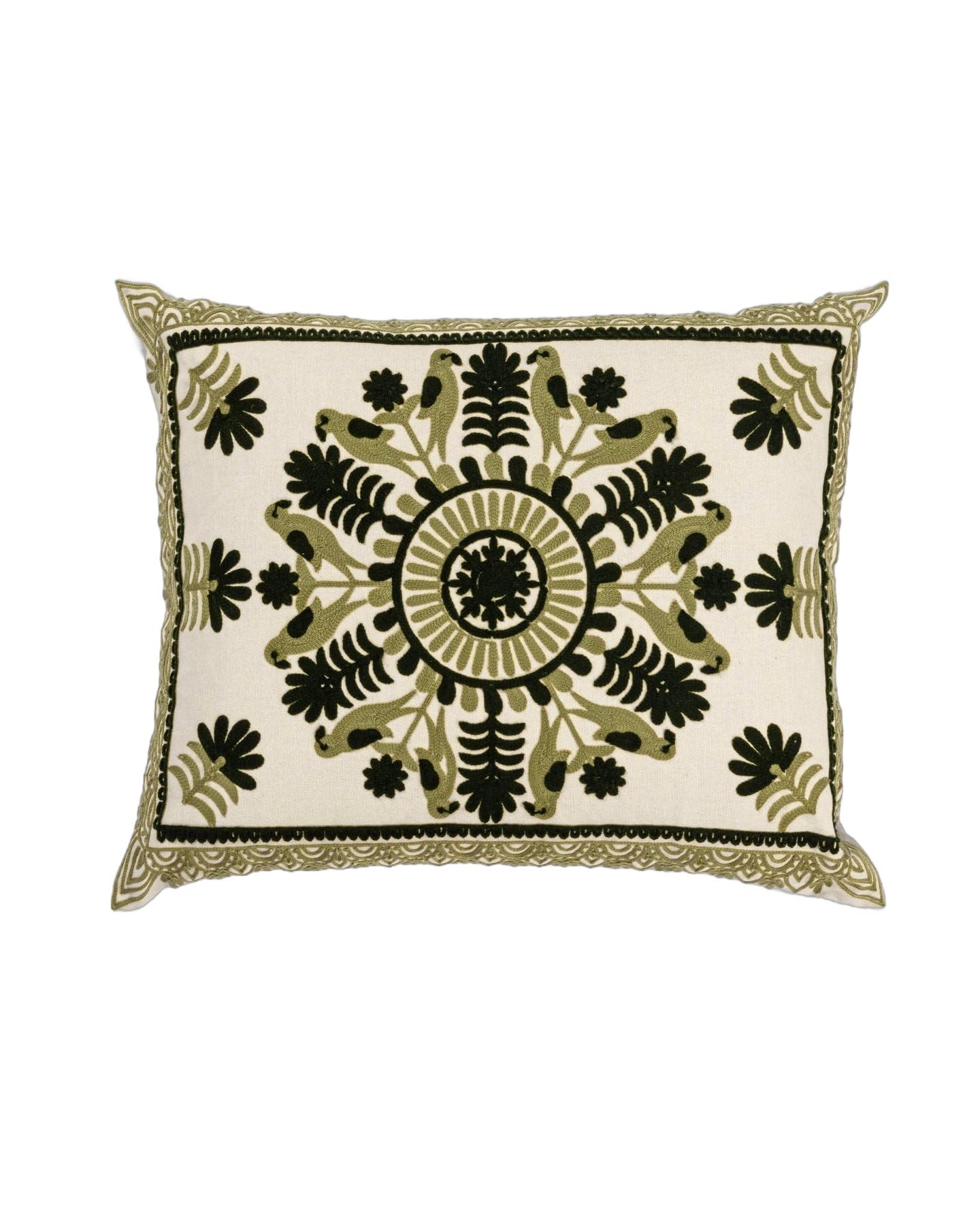Green Suzani Pillow Cover 16x20 – Handcrafted Boho Throw Pillowcase – Decorative Accent Cushion Cover for Couch, Sofa, Bed – Cotton Embroidered Pillow Sham – Vintage Global Home Decor