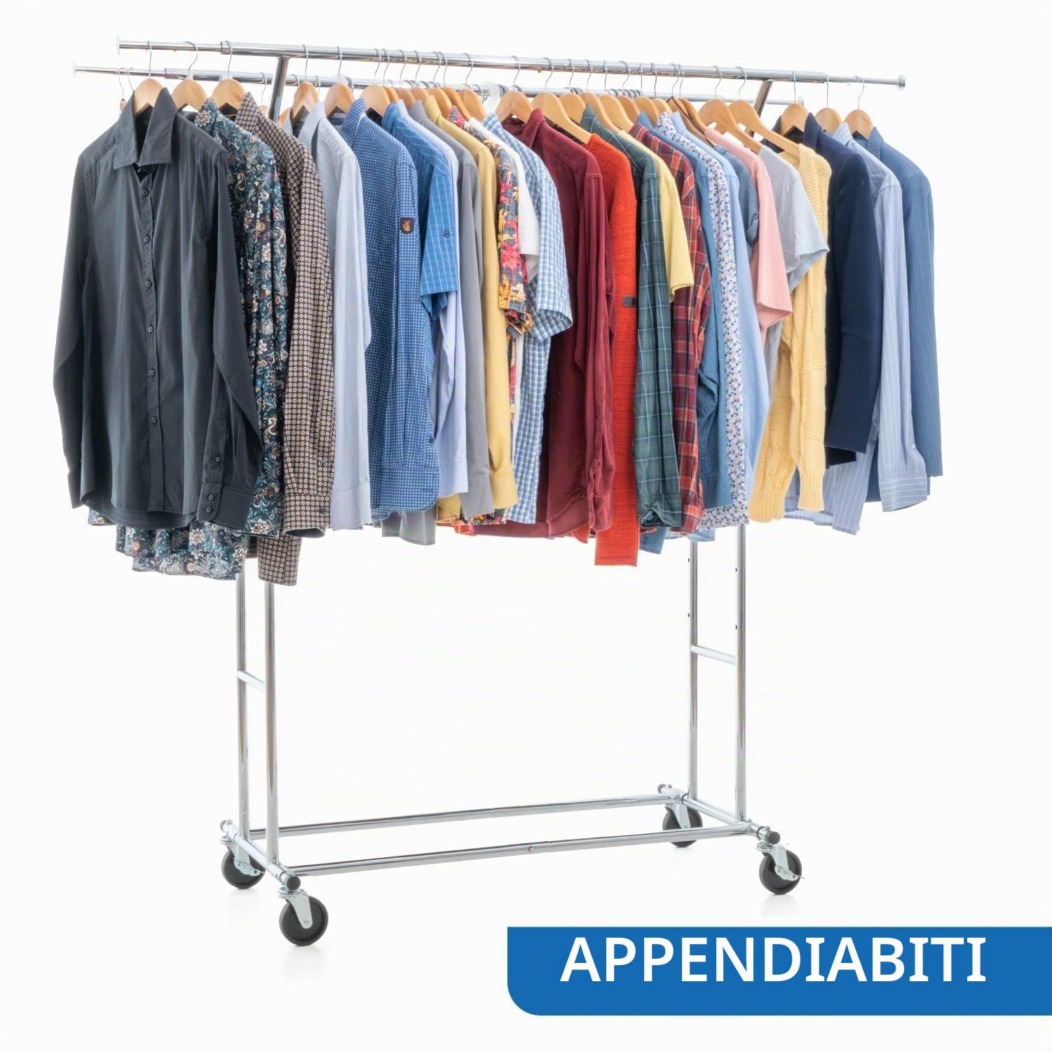 Tatkraft Denver & Safe - Stender Appendiabiti con Copertura, Doppio Barra, Portata 110kg, Appendiabiti con Ruote, 129–169×55×148–172cm Acciaio Cromato