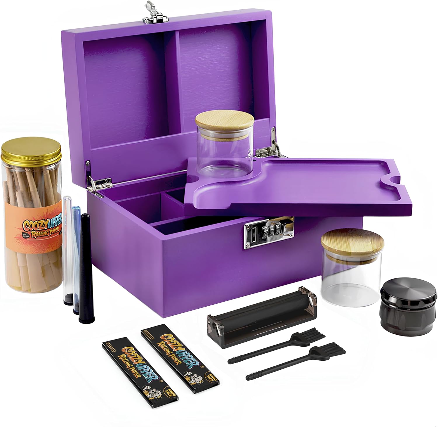Large Bamboo Storage Box with Removable Tray Kit - Decorative Box Set, Glass Jars, and Accessories Wooden Storage Kit and Accessories Tool.Birthday Gifts. (SecureLock, Purple)
