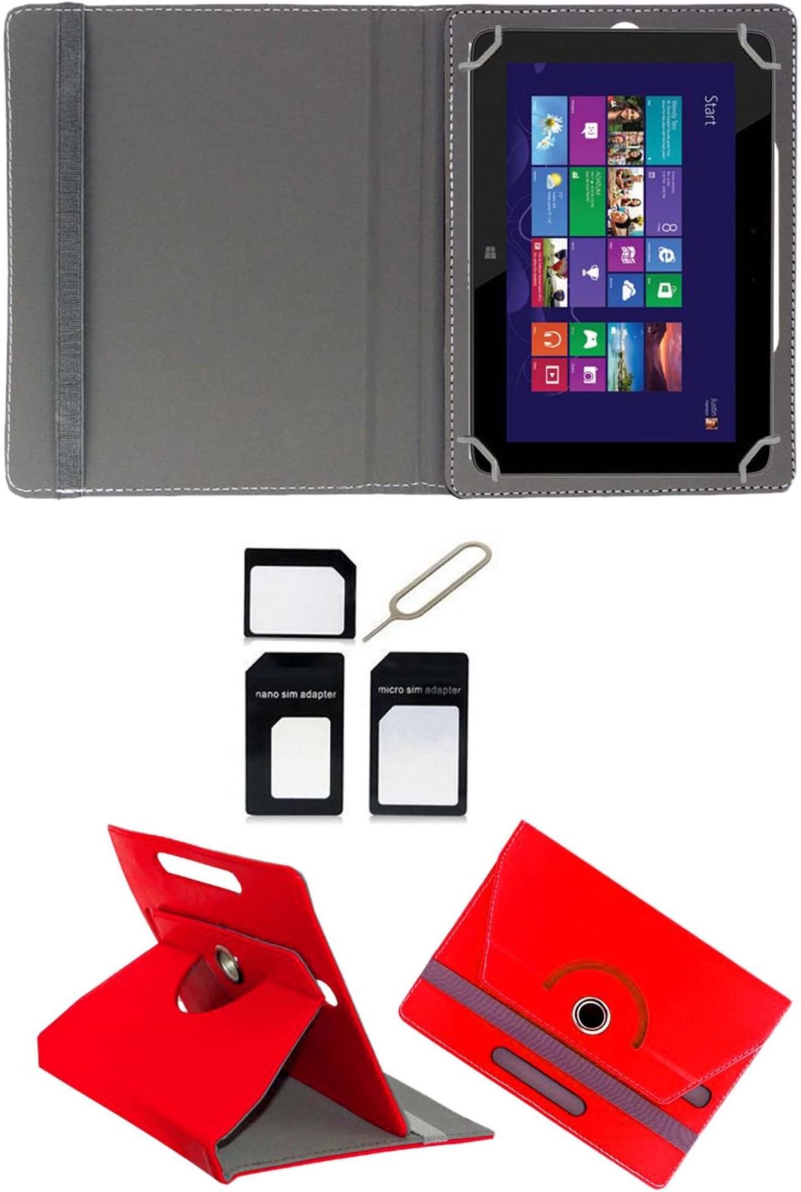 Hello Zone Exclusive 360� Rotating 8� Inch Flip Case Cover Book Cover for DigiFlip Pro XT801 -Red + Free Sim Adapter Kit