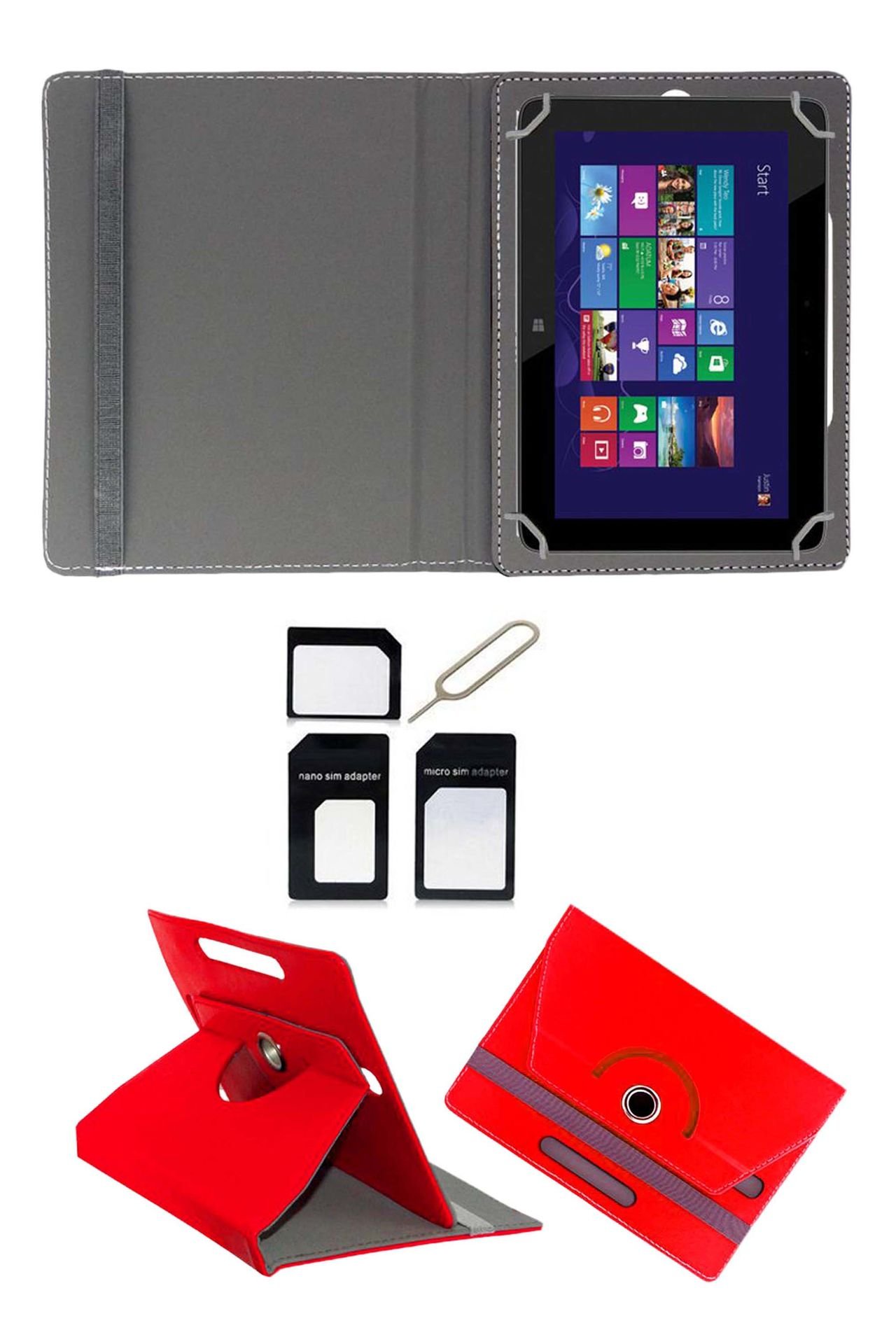 Hello Zone Exclusive 360� Rotating 8� Inch Flip Case Cover Book Cover for DigiFlip Pro XT801 -Red + Free Sim Adapter Kit
