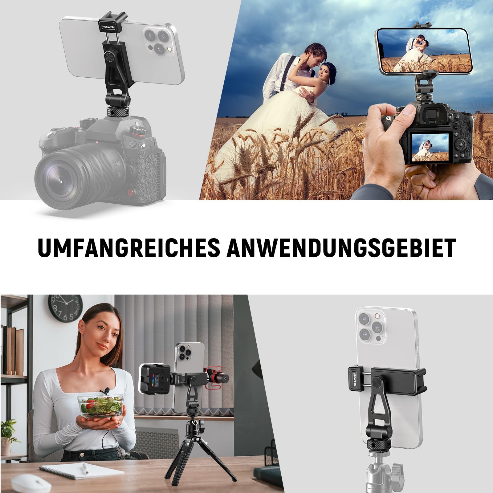 NEEWER Einstellbare Handy Stativhalterung mit 1/4" Gewinde 180°Neigung 360°Drehung Reinigungstuch Telefonklammerhalterung Kompatibel mit iPhone Samsung Android Kamerakäfig für Videoaufnahmen, GA010
