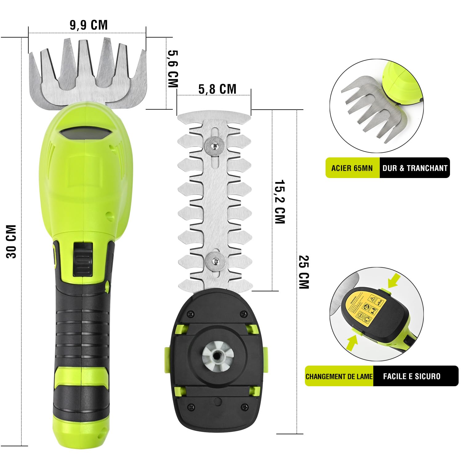 SnapFresh Mini Taille Haie sans Fil 8V Poignée Rotative Cisaille à Gazon avec Batterie 2 Lames CÂBLE USB-C 151mm 98mm