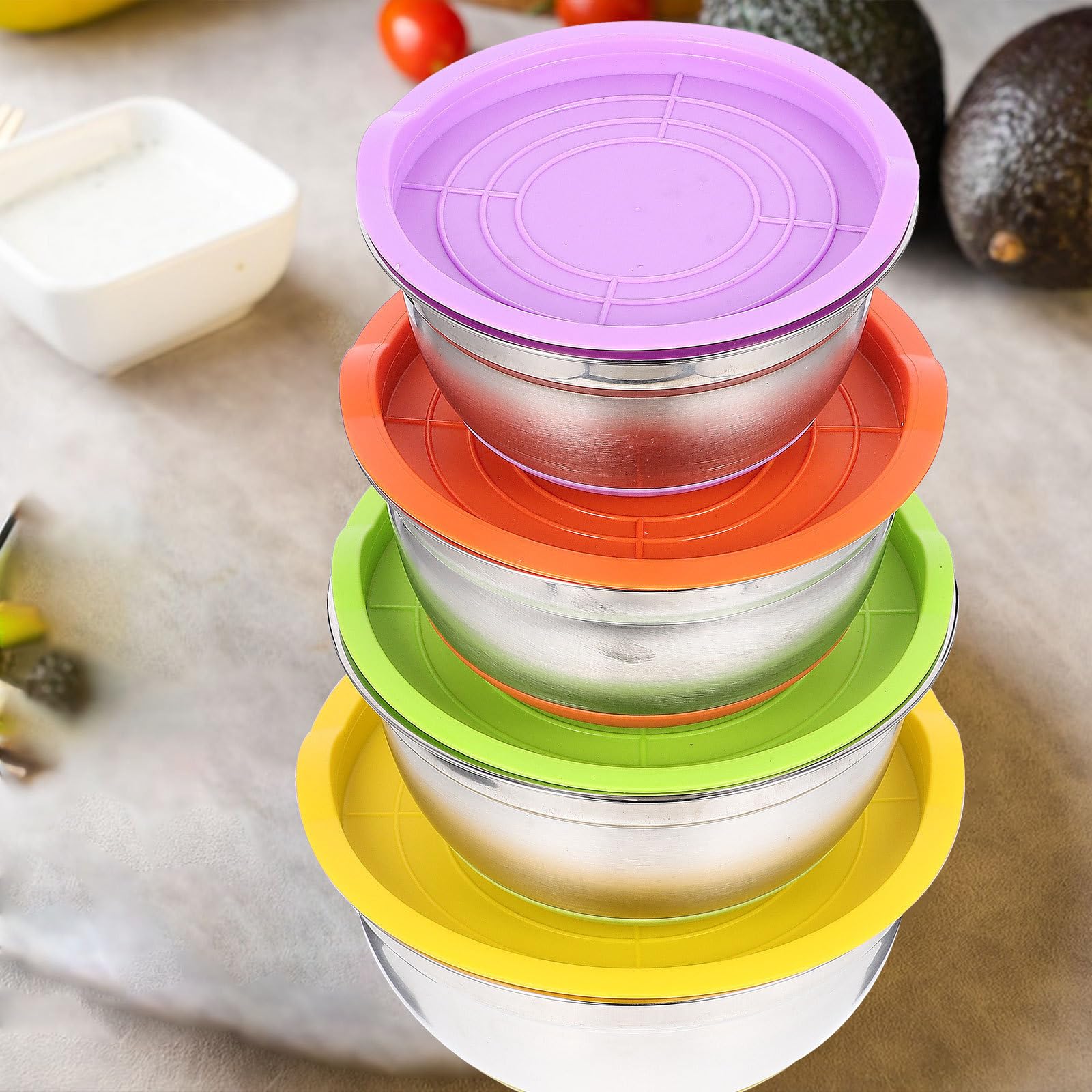 4 Piezas Ensaladera Mezcladora Tapa y Base Antideslizante