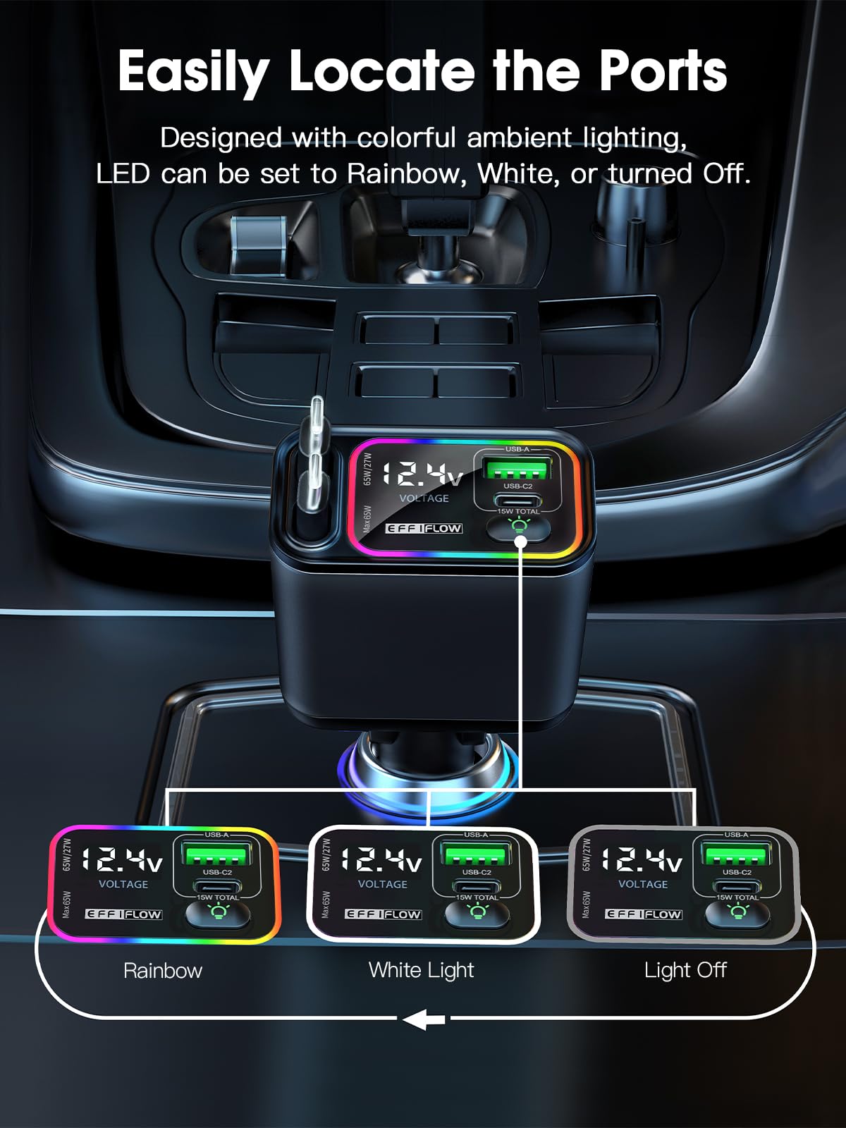 Caricatore da auto retrattile USB C, tipo C, ricarica rapida con cavo retrattile, compatibile con iPhone 16/15, S25/24/23/22, Pixel 9/8/7 (nero, 145 W (C+C))