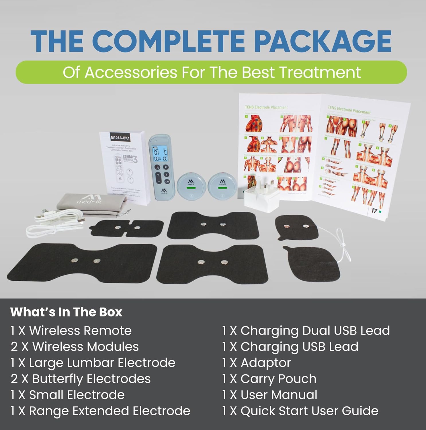 Contents of the Med-Fit Combo 3 package laid out, including the wireless remote, two wireless modules, various electrode pads (lumbar, butterfly, small, range extended), charging cables, power adaptor, storage pouch, user manual, and quick start guide.
