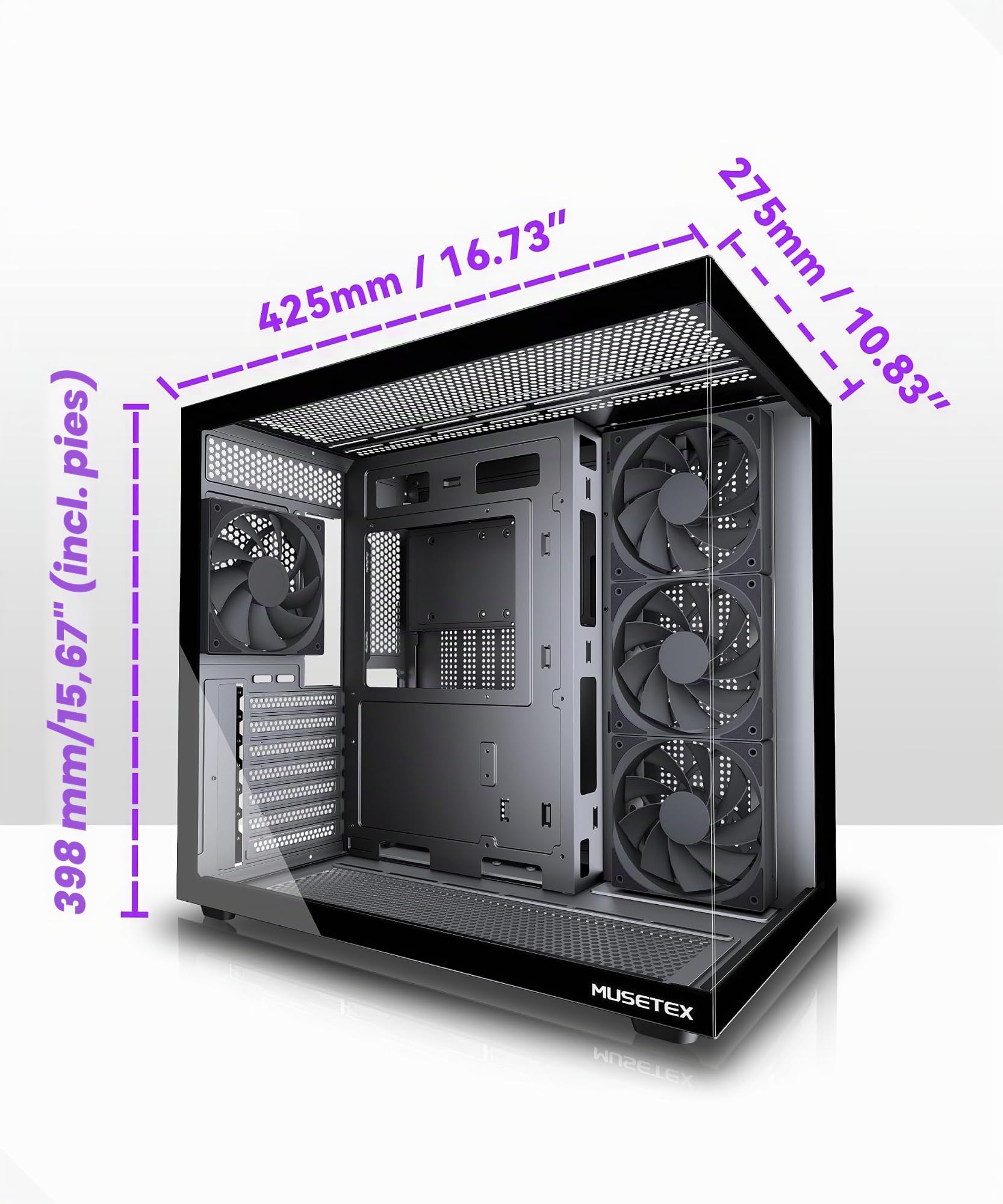 MUSETEX Y6 Caja PC ATX Torre Mediana Gaming con Tipo-C Cristal Templado 270° Negro