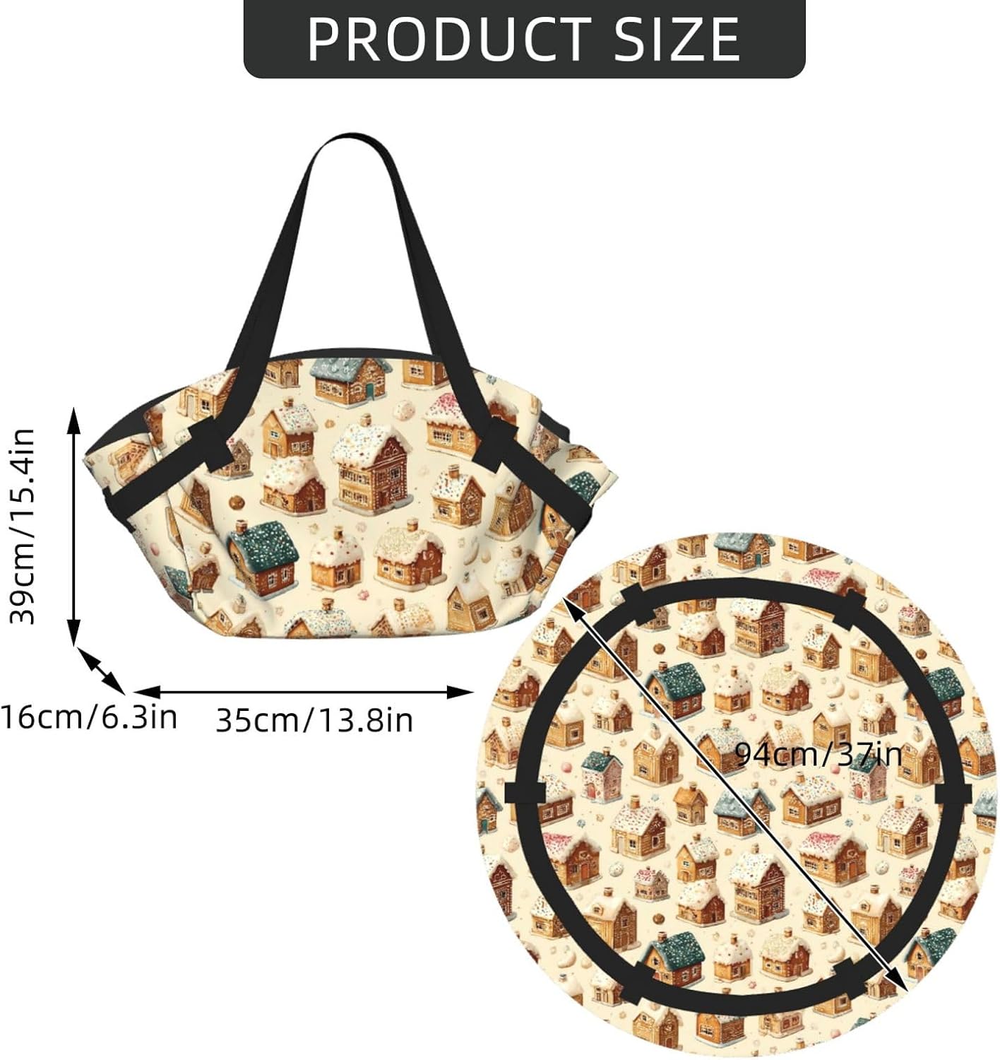 Christmas Gingerbread (1) Pattern Foldable Camping Tote Bag Picnic Blanket Bag Portable Beach Mat Tote Waterproof Outdoor Picnic Mat Carry Bag