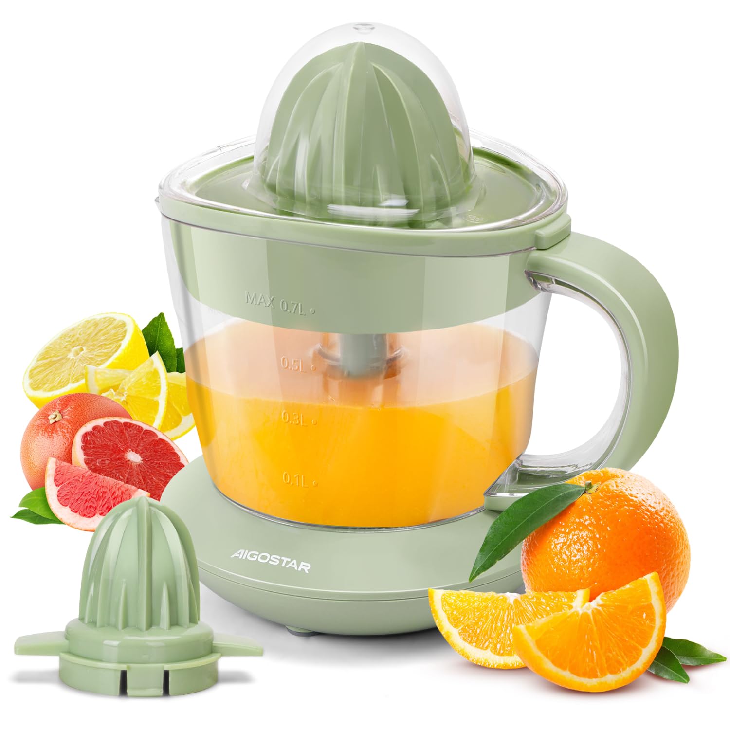 Aigostar Electric Citrus Juicer 24oz Bowl with Scale, 2 Citrus Cones, Trailer Rotation, Filter, Lemon Squeezer for Lemon Orange and Grapefruit, Retro Green - Henry 031IN-image-16