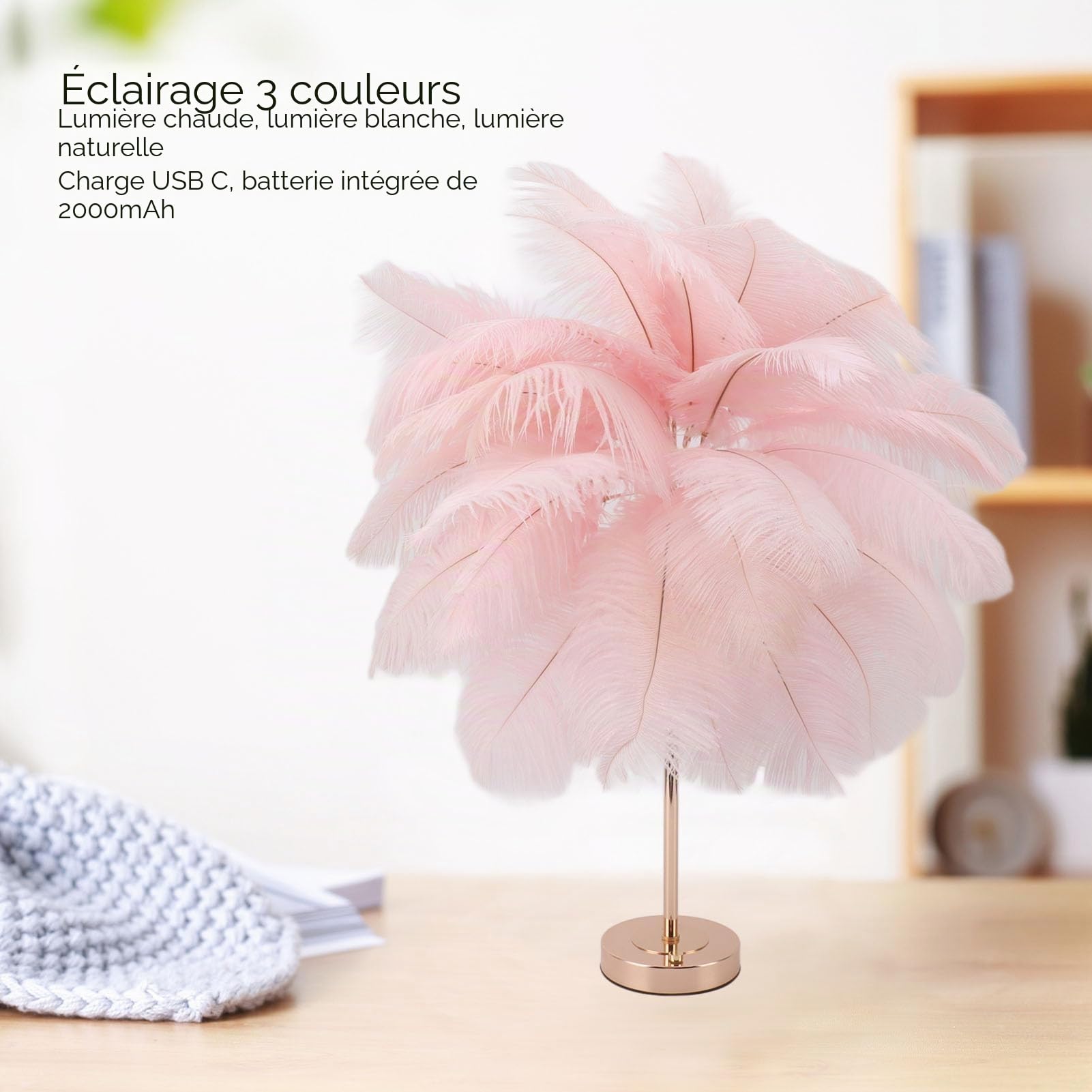 Fockety Lampe de Table en Plumes D'autruche, 30 Pièces Plumes 3 Couleurs à intensité Variable sans Fil Rechargeable par USB, Veilleuse de Bureau à Commande Tactile, Ampoule de Lampe (Rose)