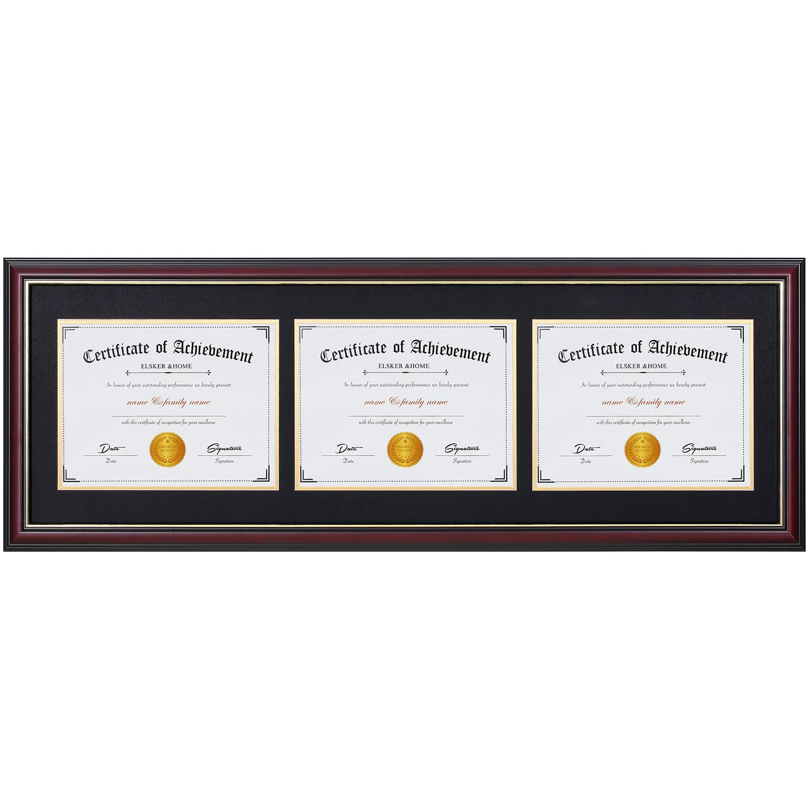 ELSKER&HOME Triple Diploma Frames 8.5 x 11, Fits 3 Certificate 8.5 x 11 with Mat, Degree & Picture Frame for Wall Mount Display (Mahogany, Ornate Gold, Horizontal Style, Black Over Double Mat)