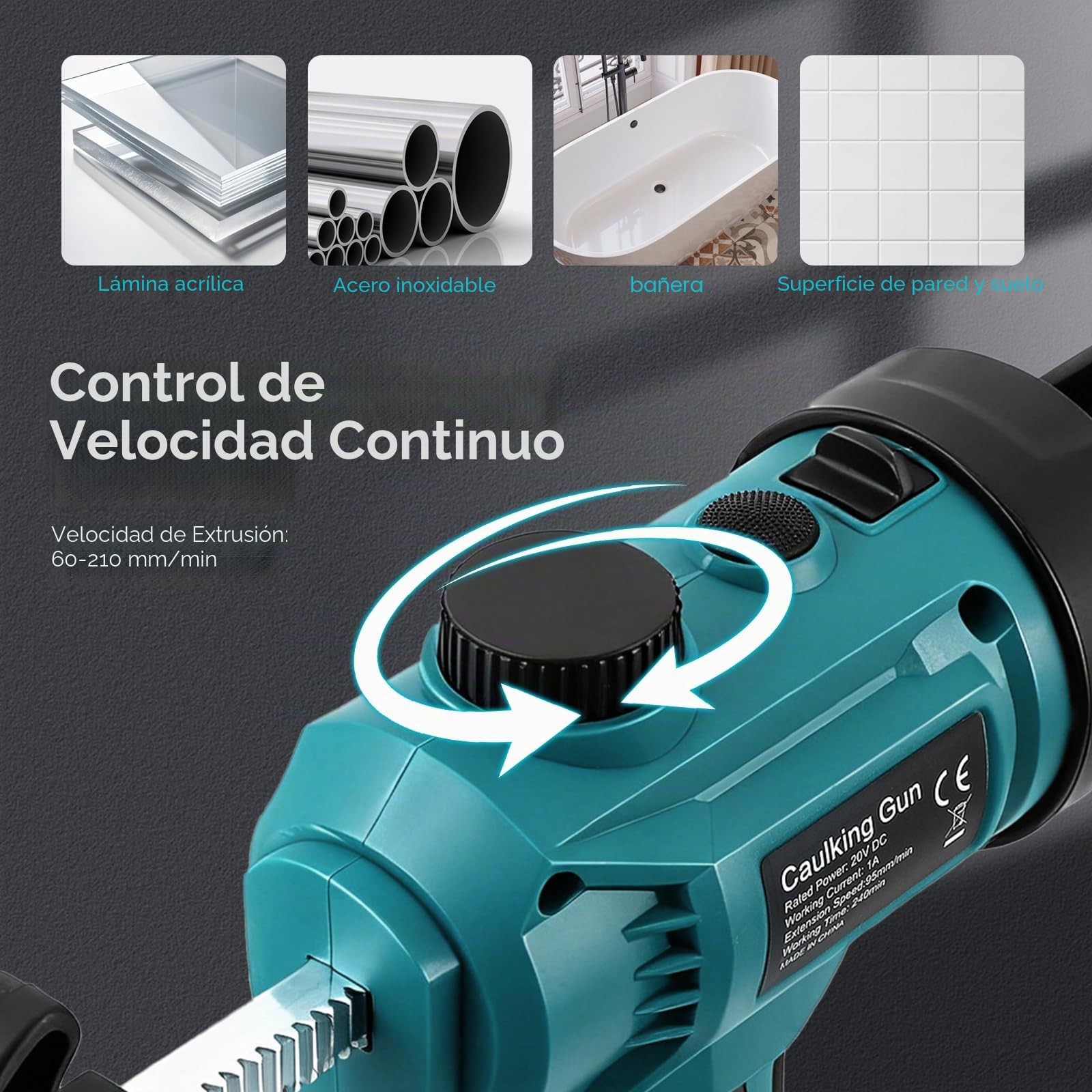 Pistola de Silicona Eléctrica Inalámbrica, Pistola de calafateo eléctrica con 2* 2000 mAh Batería, control de velocidad continuo, luz LED, accesorios especiales para cartuchos de 300 ml, para sellar