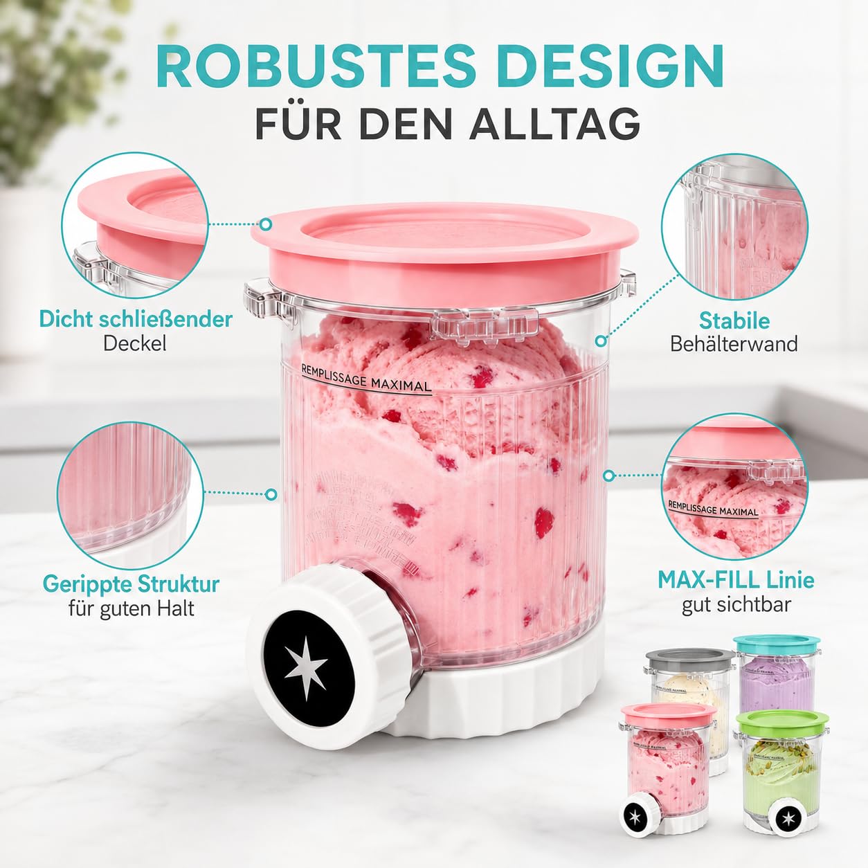 DULCE DOM Ninja Creami Eisbehälter | 480 ml Gefrierbehälter für NC700 & NC701EU Serie | Mit integriertem Design | BPA-frei, spülmaschinenfest & gefriersicher | Farbige Deckel