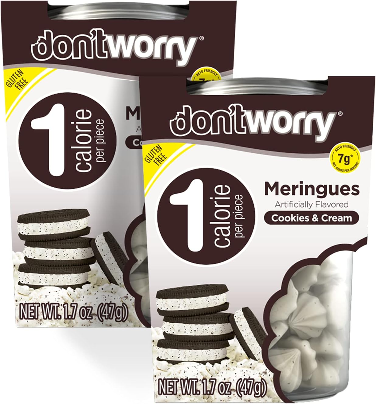 DON'TWORRY Keto Friendly Merengue Cookies | Only 1 Calorie per piece! | 2 Pack - Cookies and Cream | Healthy Candy, Gluten Free Snacks, Low Carb, Low Sugar, Low Calories