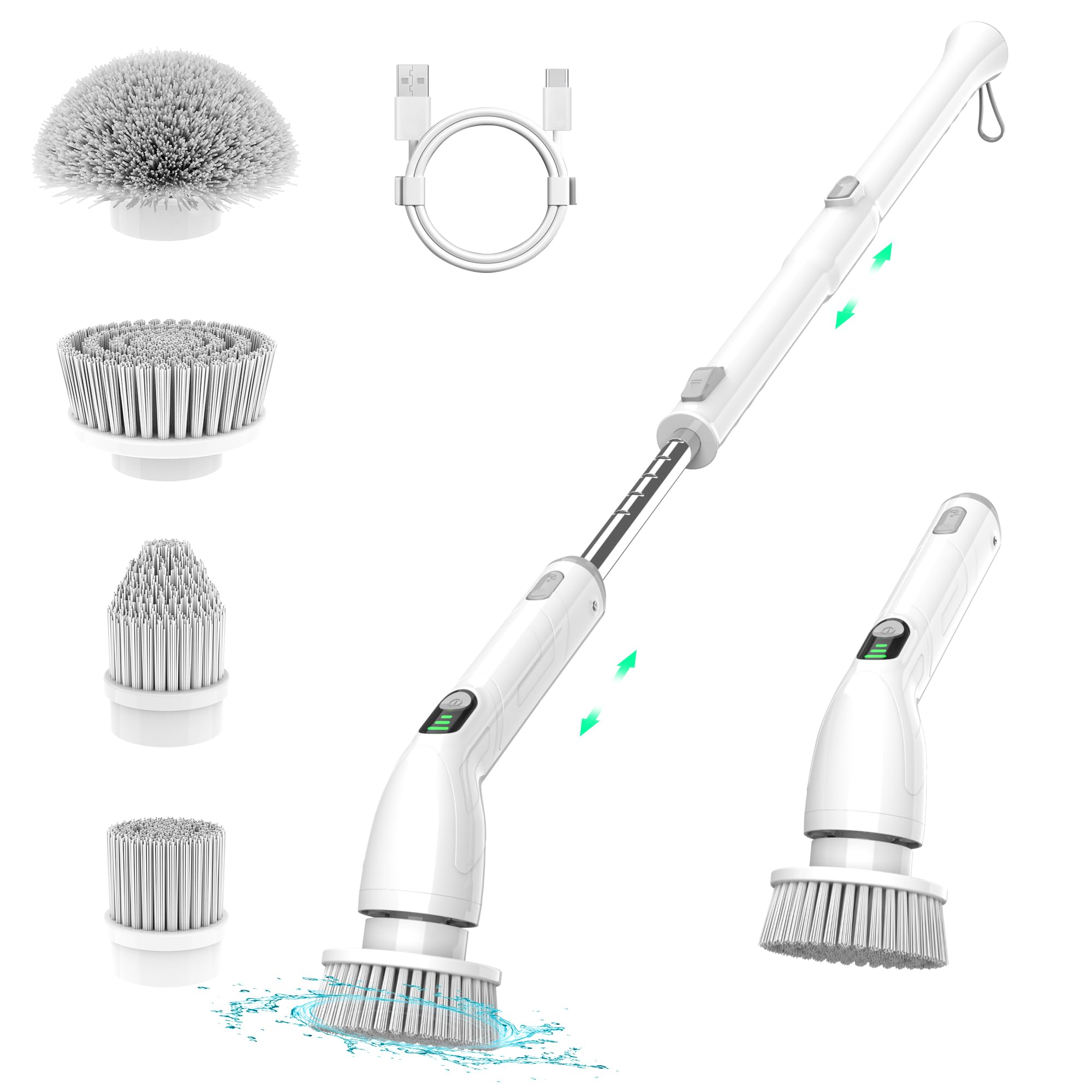 Electric Spin Scrubber, 2024 New Full-Body IPX7 Waterproof Cordless Bathroom Scrubber with 4 Replaceable Heads, Adjustable Extension Handle, Shower Cleaning Brush for Bathtub, Grout, Tile, Floor