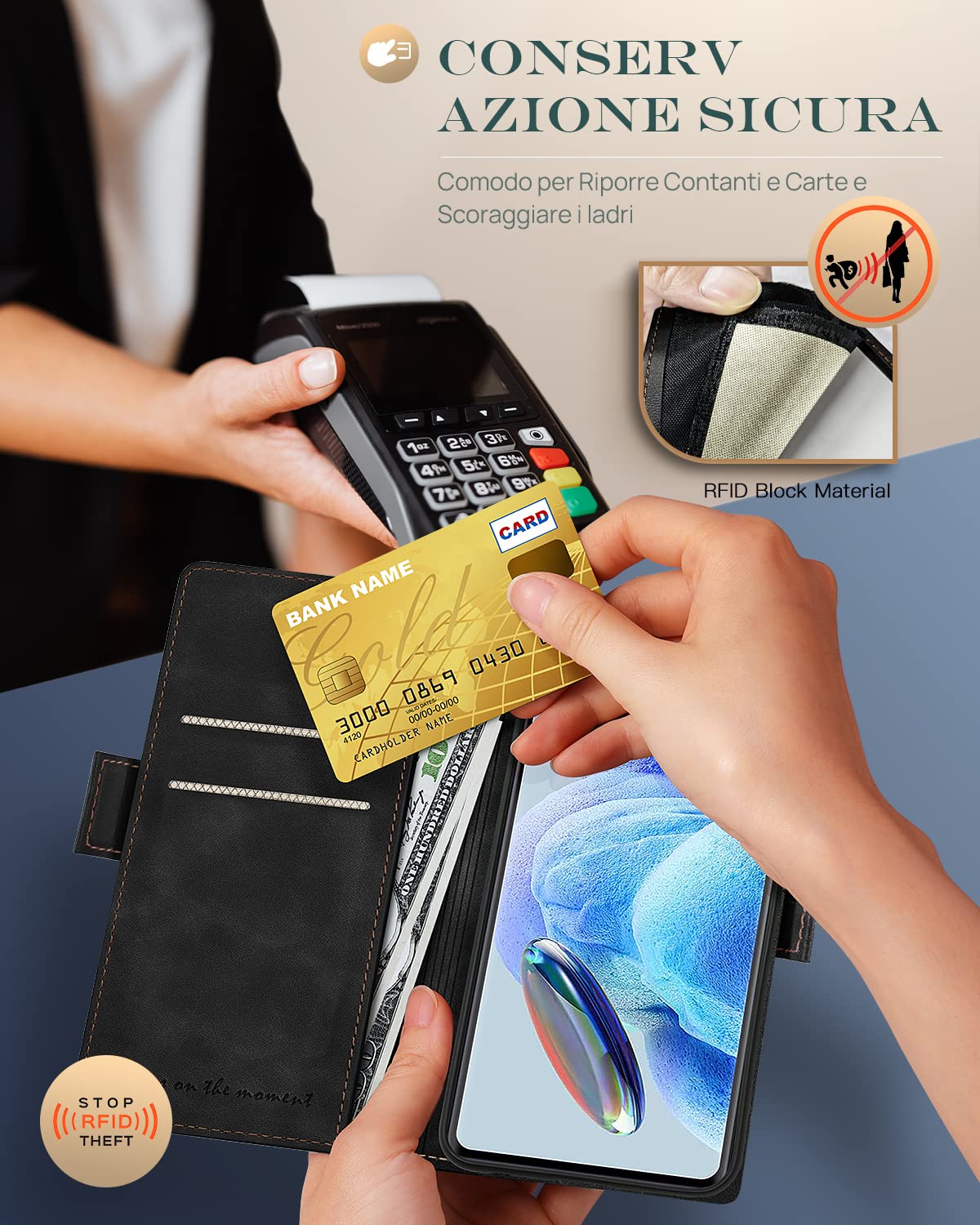 KKEIKO Cover per Xiaomi Redmi Note 12 5G, Antiurto Custodia in PU Pelle con Slot per Porta Carte, Magnetico Protettiva Cover per Redmi Note 12 5G, Nero