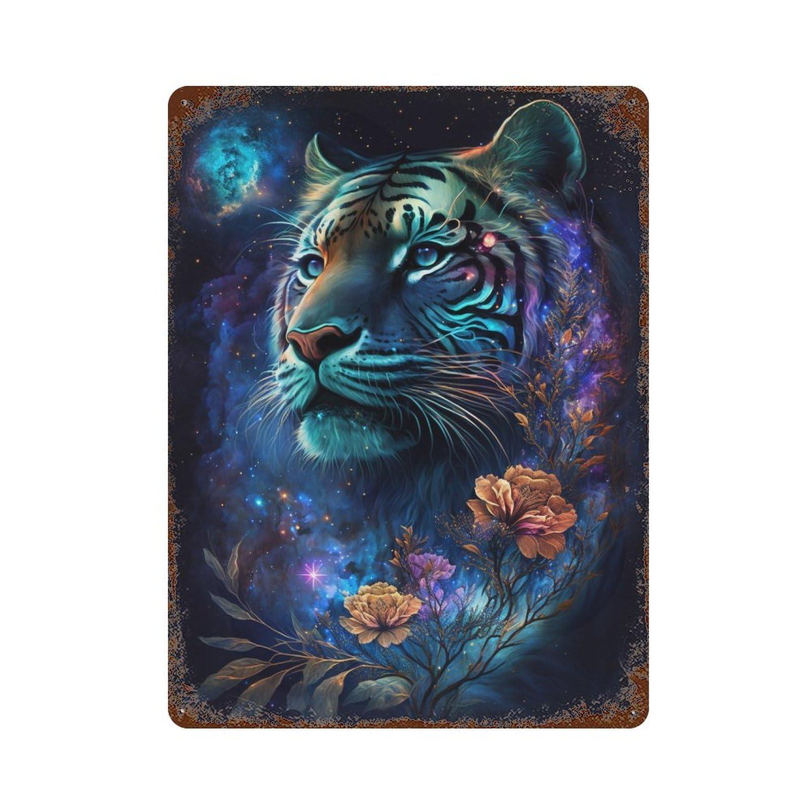 Garage Style Enchanted Tiger Fantasy Artwork -1 Rusty Metal Tin Sign 15.7"x11.8", Shabby Chic Decor for Bar And Workshop