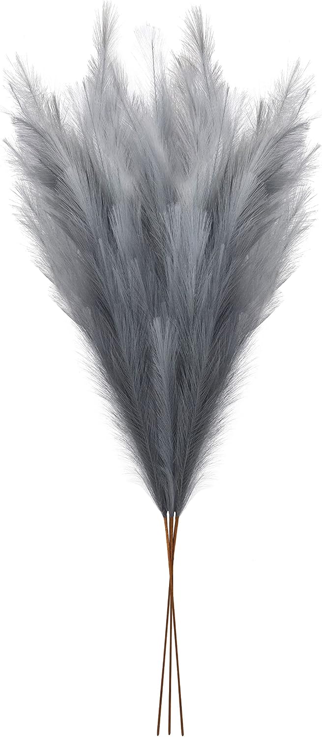 KuteDecor - 3 Stems 48" (4ft) Tall Faux Pampas Grass, Artificial Pampas Grass, Fluffy Pampas grass, Pampas Grass Decor Tall, Vase Filler, Pampas Grass Large, flores artificiales para decoracion (Grey)