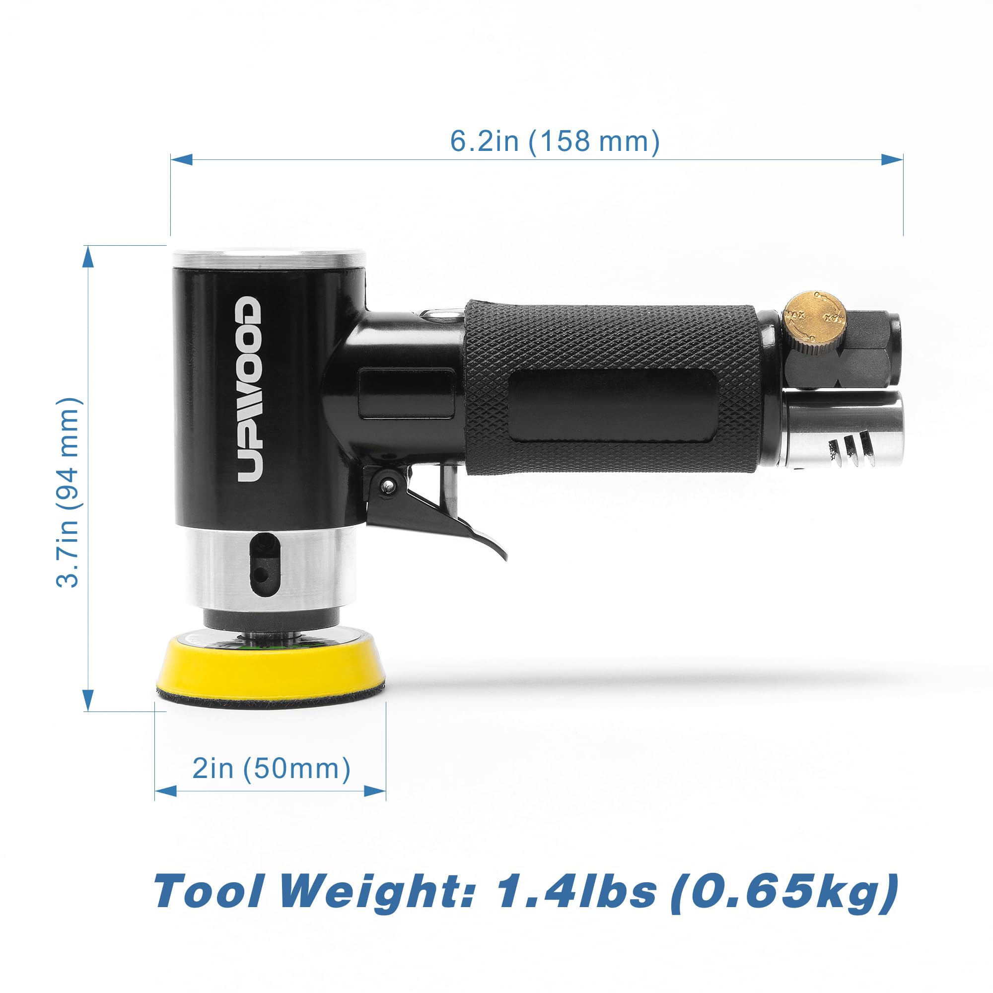 Mini levigatrice ad aria compressa con tamponi da 2 pollici e 3 pollici, mini levigatrice pneumatica da 25 mm/50 mm per la pulizia della vernice di carrozzeria con 24 pezzi di carta abrasiva