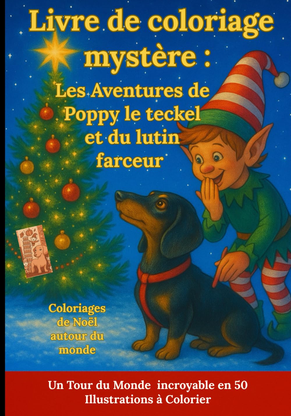 Livre de coloriage mystere : Les Aventures de Poppy le teckel et du lutin farceur – Coloriages de Noël autour du monde.
