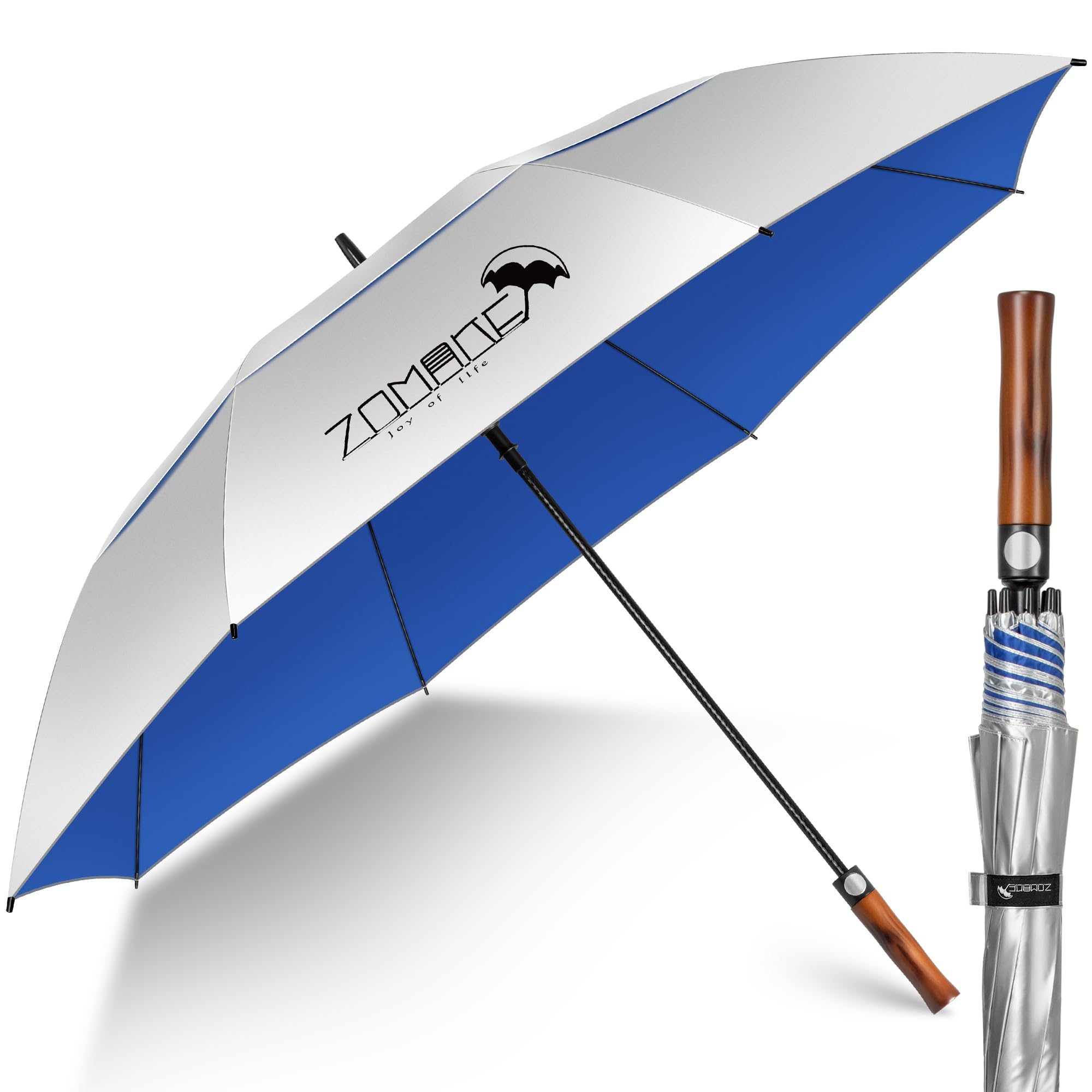 ZOMAKE 62/68 Pouces Ombrelle Anti UV Grand Parapluie Golf Anti Tempête Homme Femme XXL Manche Bois Ondulé Double Canopée Ventilée