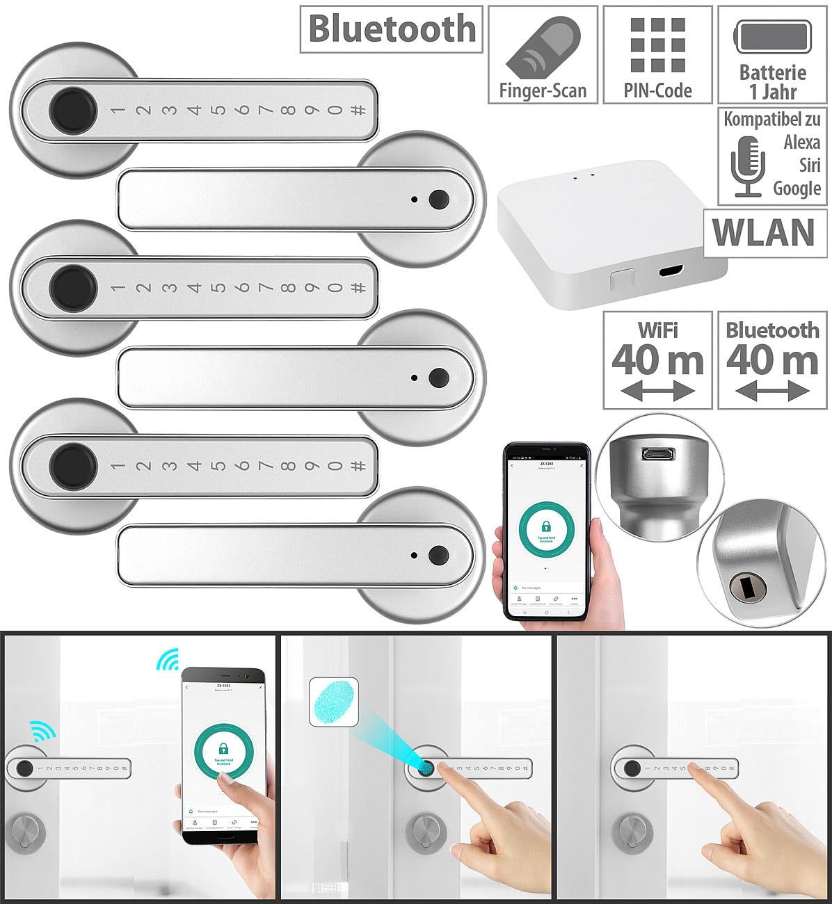 VisorTech Tür Beschlag: 3er-Set Sicherheits-Türbeschlag mit Fingerabdruck-Scanner,WLAN-Gateway (Fingerabdruck Türöffner aussen, Elektro Türgriff)