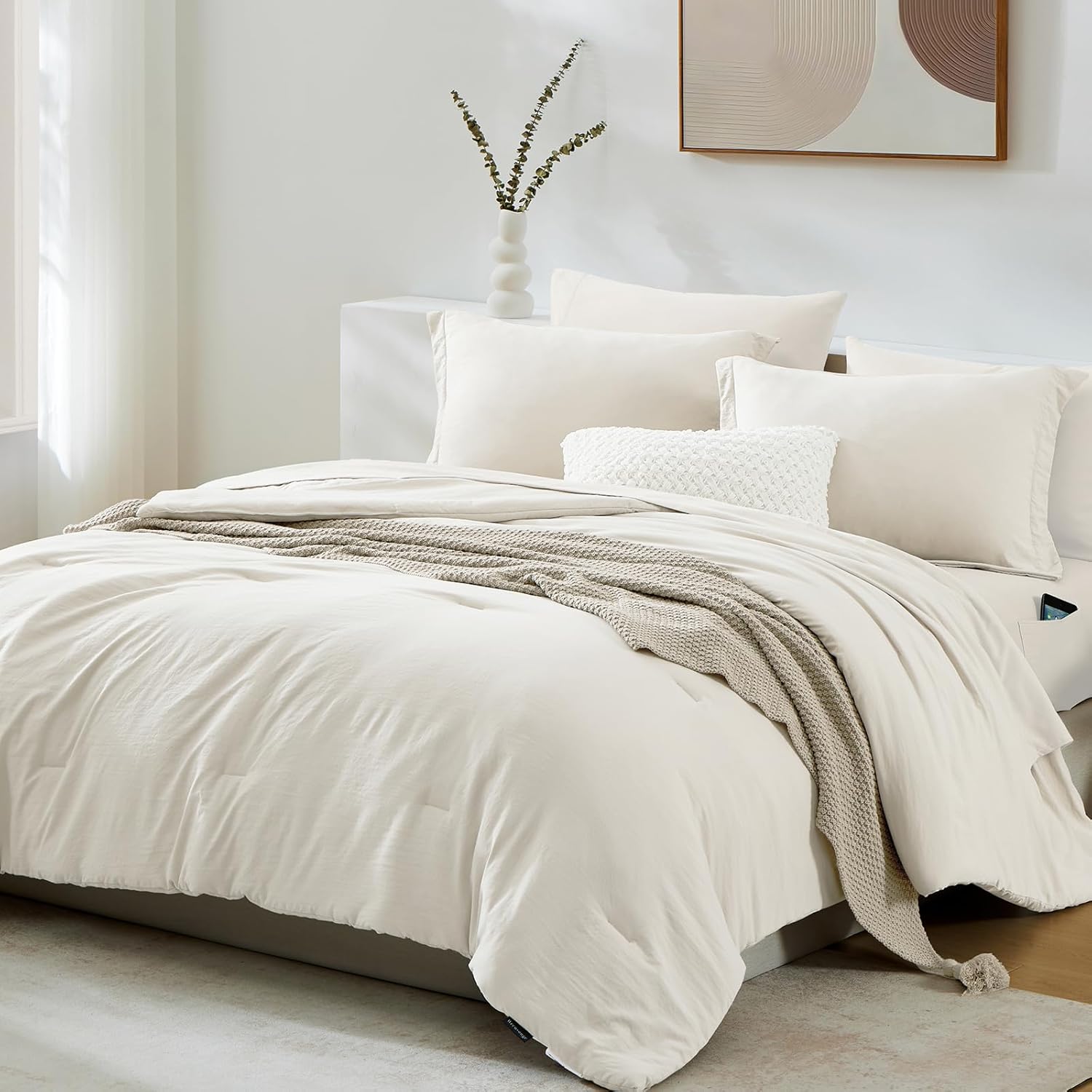 WRENSONGE Full Size Comforter Set- 7 Pieces White Bed in a Bag Full Size Comforter with Fitted Sheet, Flat Sheet, 2 Pillow Shams, 2 Pillowcases, Warm Bedding Sets for All Season
