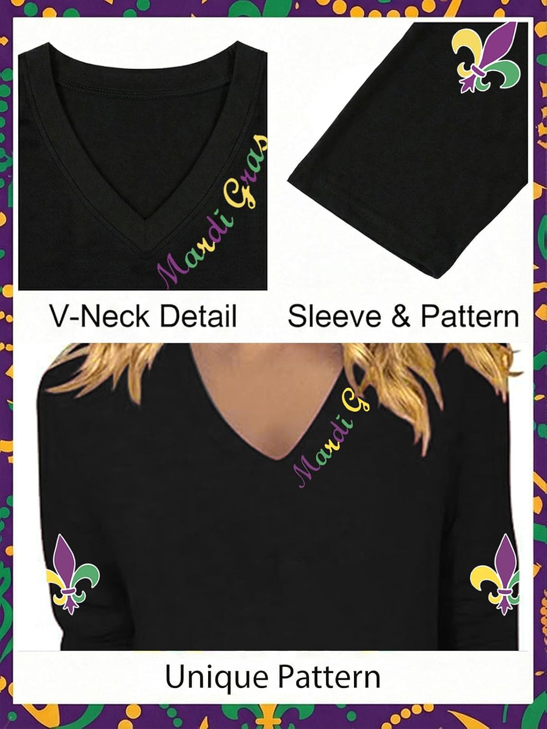 Mardi Gras Shirts for Women 3/4 Sleeve Fat Tuesday Tshirt V Neck New Orleans Carnival Themed Party Outfit - Image 5