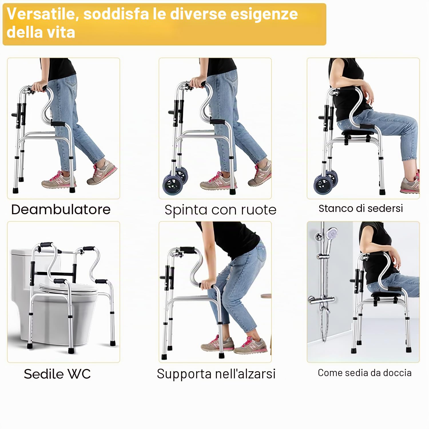 Eulenke Deambulatore pieghevole per anziani, 2 ruote girevoli, supporto camminare, regolabile altezza, alluminio, antiscivolo, stabile, fino a 180 kg, argento