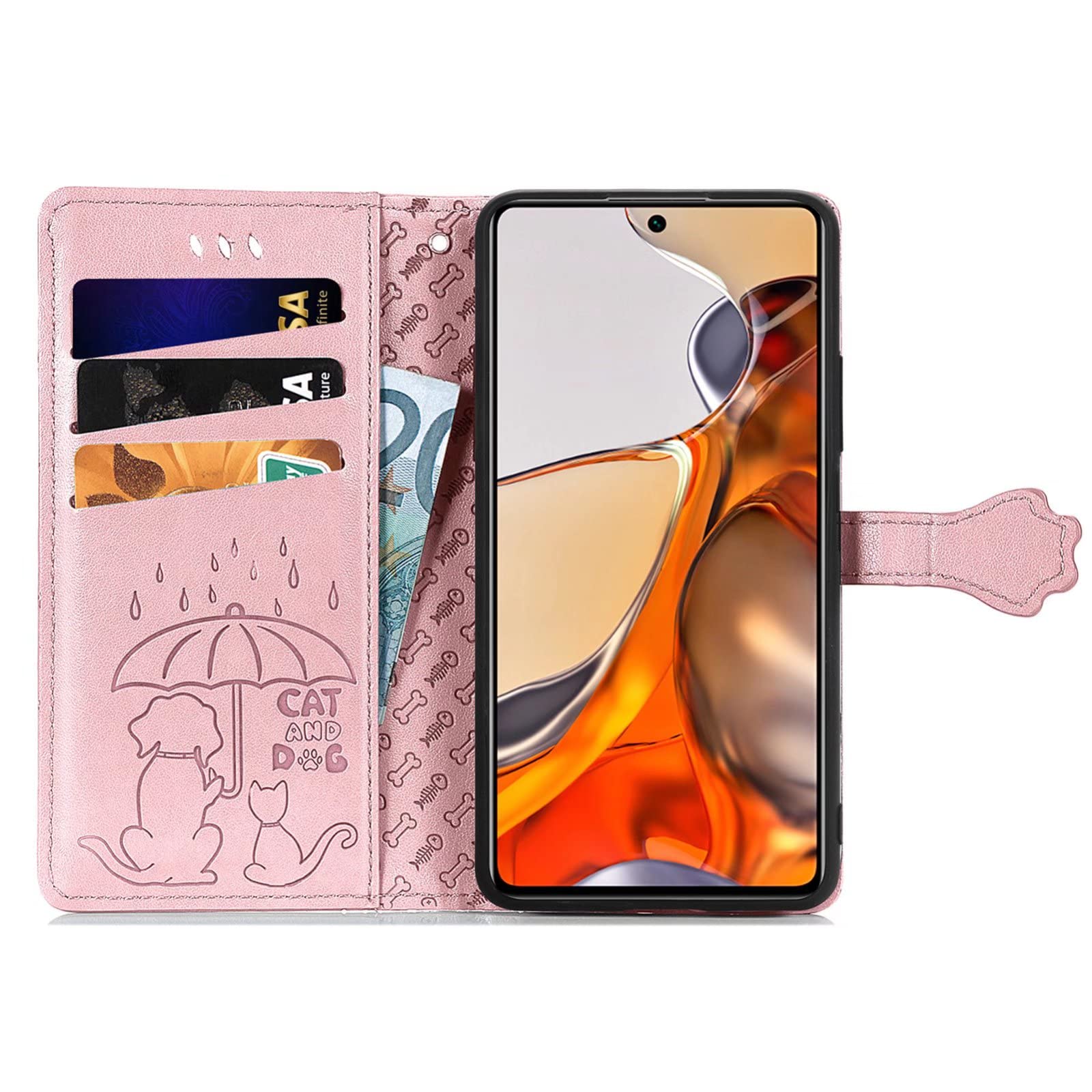COOKD Custodia Portafoglio Per OnePlus Nord CE 2 Lite 5G - Pelle PU Con Rilievo, 3 Slot Carte, Portamonete, Supporto Stand, Cinturino, Chiusura Magnetica, Oro Rosa - 3