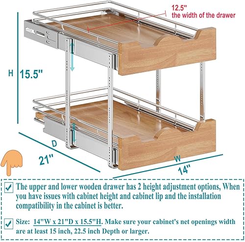 Vista 8 de OCG Organizador de gabinete extraíble de 11 pulgadas de ancho x 21 pulgadas de profundidad, estante deslizante de 2 niveles, cajón extraíble