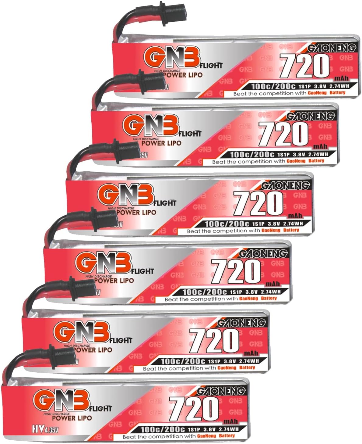 GAONENG6pcs GNB 720mAh 1S LiPo Battery 100C 200C 3.8V with A30 Cable for Kingkong Tiny7 Beta75S NanoHawk EZ Pilot Pro Kingkong LDARC BetaFPV Beta75X Crazypony Moblite7 Indoor FPV Kit