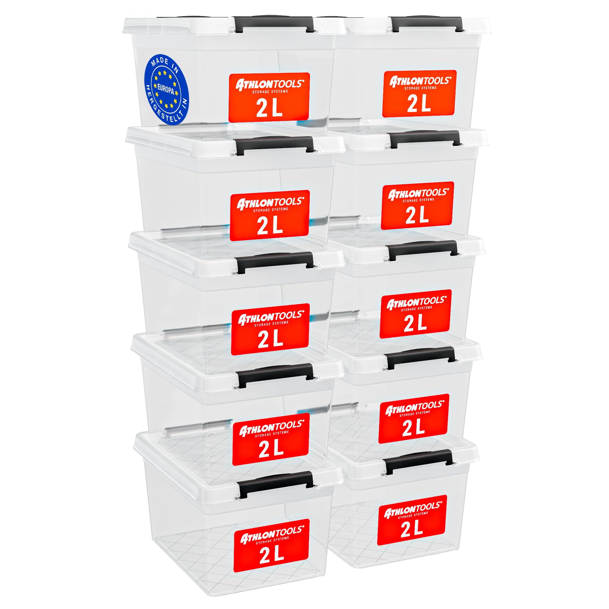 ATHLON TOOLS Set di 10 contenitori da 2L con coperchio – 100% materiale vergine – trasparenti – senza BPA – contenitori impilabili – clip di chiusura grigie – quasi ermetici – organizer