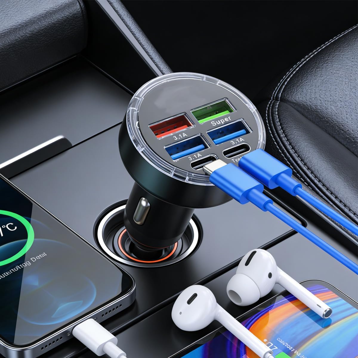6-in-1 USB Car Charger with Super Fast 30 Minute Charging Time, USB-C Car Charger with 12 V/24 V USB Port and 300 W Quick Charge Function image 5