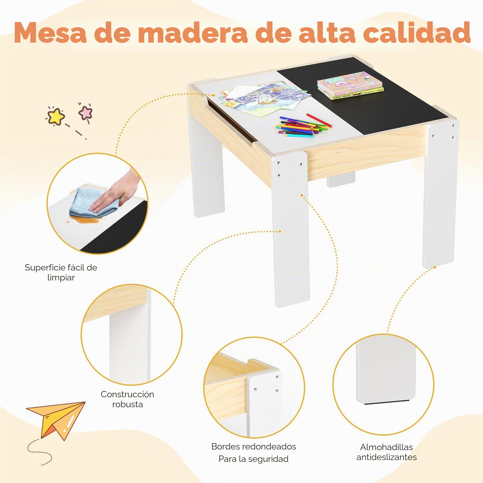 Juego de mesa y silla para niños, juego de mesa y silla de madera 5 en 1 para niños, doble superficie, construido para dibujar, leer y manualidades