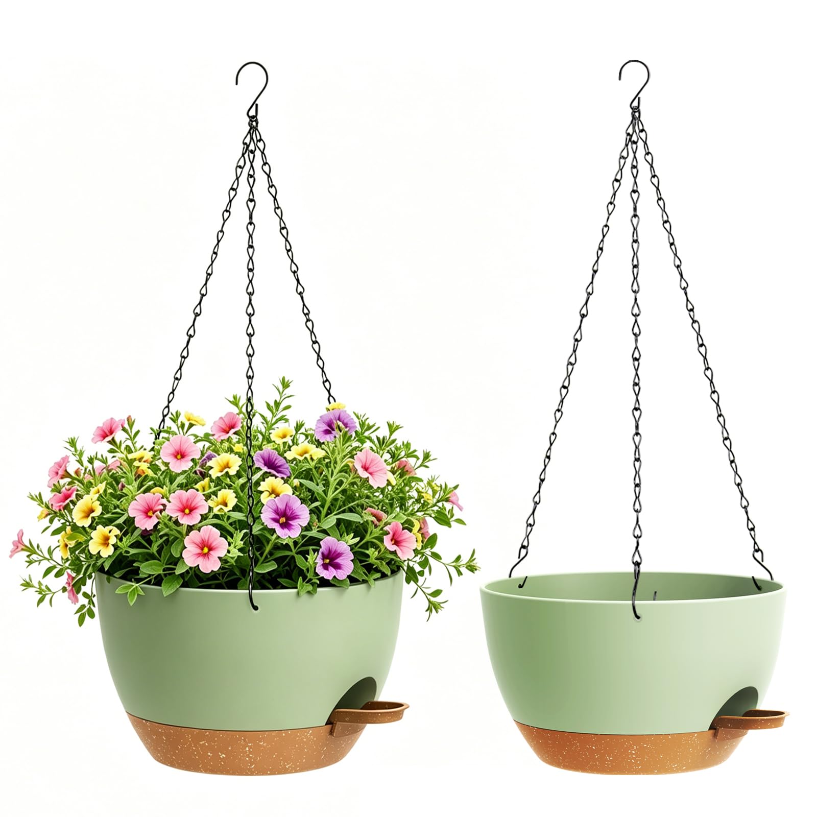 WSMKSZ 20 cm Small Self Watering Hanging Planters Indoor Outdoor, 2 Pack Plastic Hanging Plant Pots with Drainage Holes & Removable Reservoir, Hanging Baskets for Balcony Porch and Flower, Green Brown