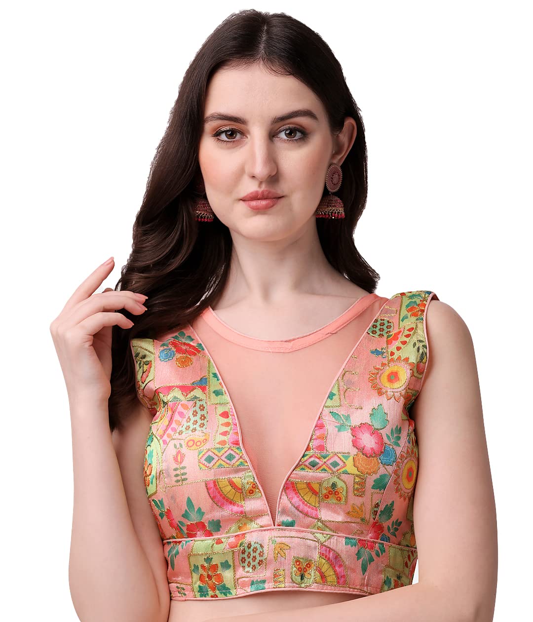 Pujia Mills Women's Phanotm Silk Floral Sleeveless Saree Blouse (Pp 4_Pink_38)