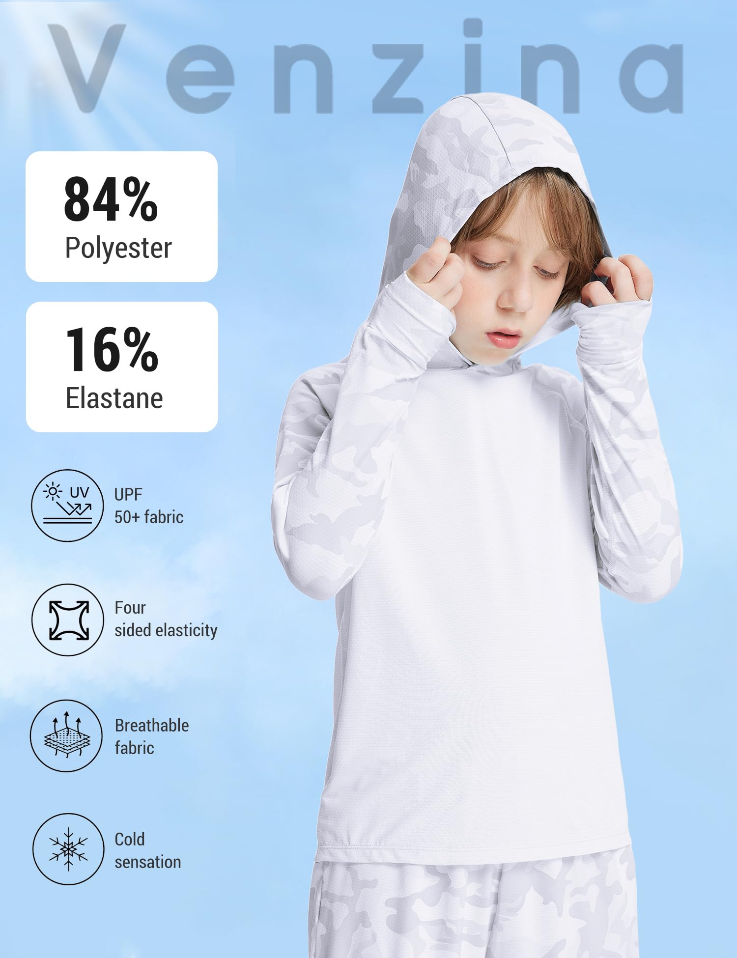 Venzina® Girls UPF 50+ Sun Shirt Boys And Girls Quick Dry Sun Protection Clothing Athletic Hoodie with Thumbholes-White-110 1