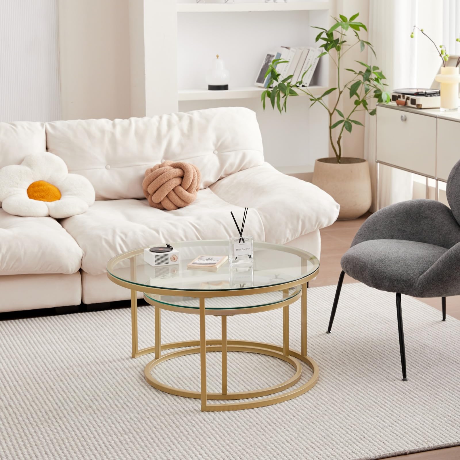 Lot de 2 Table Basse, Table D'appoint Ronde Empilable pour Salon, Pieds en Métal Plaqué Or, Adapté au Salons, Café, Salon (80 * 45 cm et 60 * 35 cm) - Verre Or