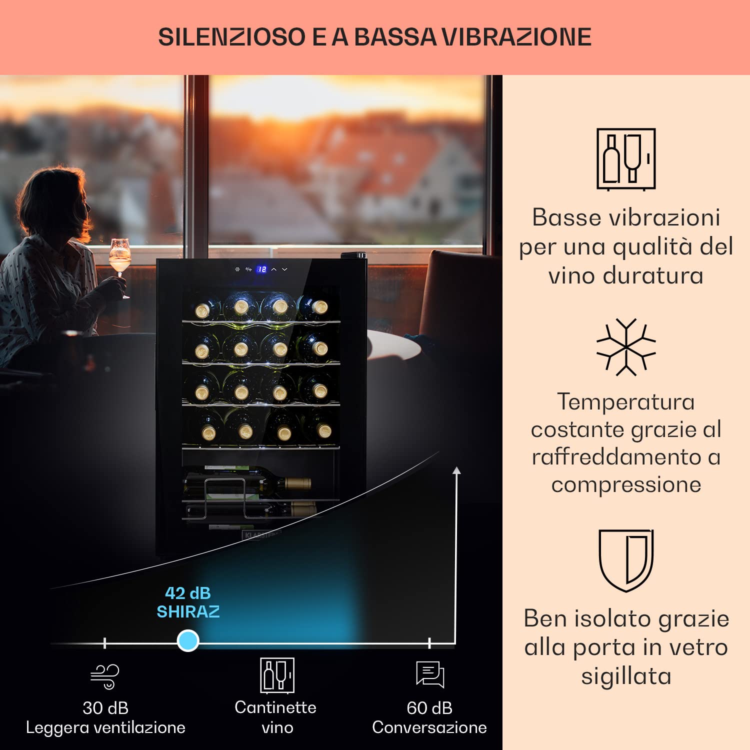 KLARSTEIN Cantinetta Vino Design, Cantinetta Vino Refrigerata a Zona Singola per Vino Rosso, Bianco e Birra, Controlli Touch, Frigo Vino Cantinetta per Esterno/Interno, 5-18°C, 53L, 20 Bottiglie
