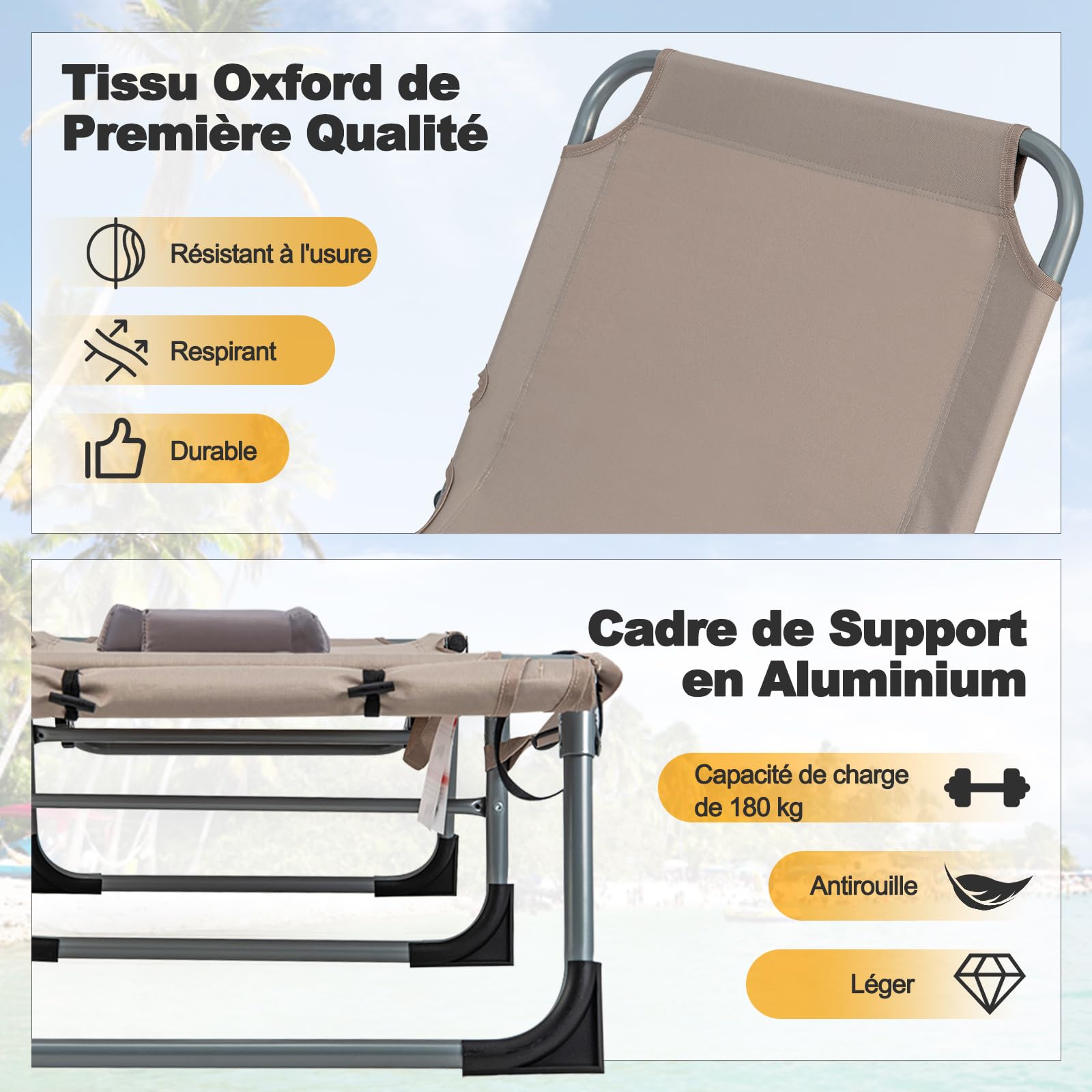 GIANTEX Chaise Longue Jardin Exterieur Pliante, Trous pour Visage et Bra, Transat Jardin Exterieur, Oreiller, Poche Latérale, Bandoulière, Poignée, Dossier Réglable à 5 Positions, pour Piscine, Sable