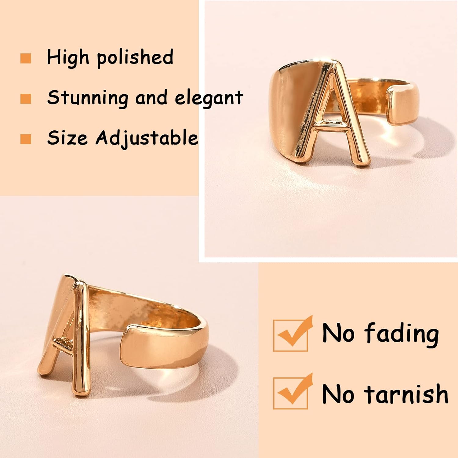 Ornaland 26 Pcs Gold Letter Ring Set A-Z Initial Open Bold Alphabet Ring Adjustable Letter Cuff Ring Personalised Accessories Jewelry Gifts for Women - Image 4