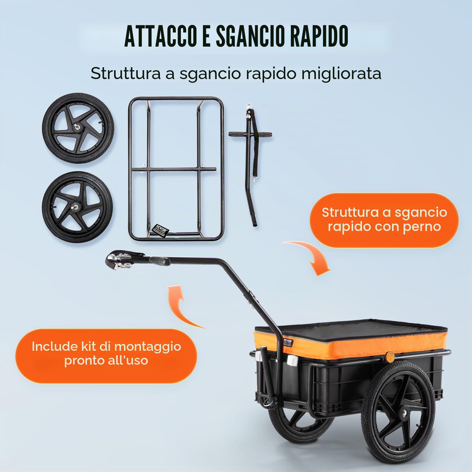 VEVOR Rimorchio per bicicletta, capacità di carico 88/100/150 libbre, carrello per bicicletta resistente, pieghevole e compatto, con gancio universale