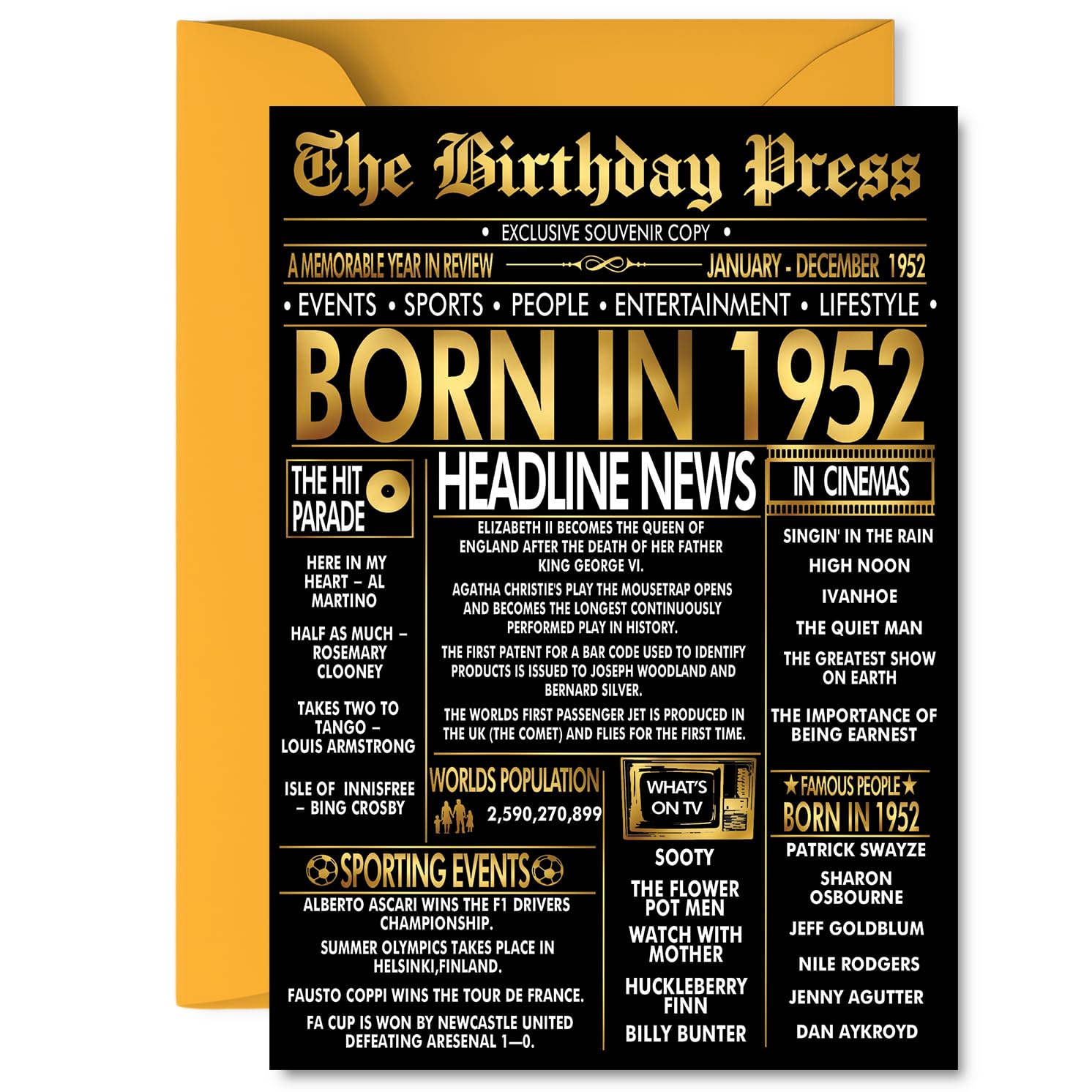 Gold 74th Birthday Card for Men Women - Black & Golden Newspaper Born in 1952 - Happy 74 Birthday Cards for Uncle Sister Cousin Auntie Dad Nan, 5x7 Inch Bday Greeting Cards