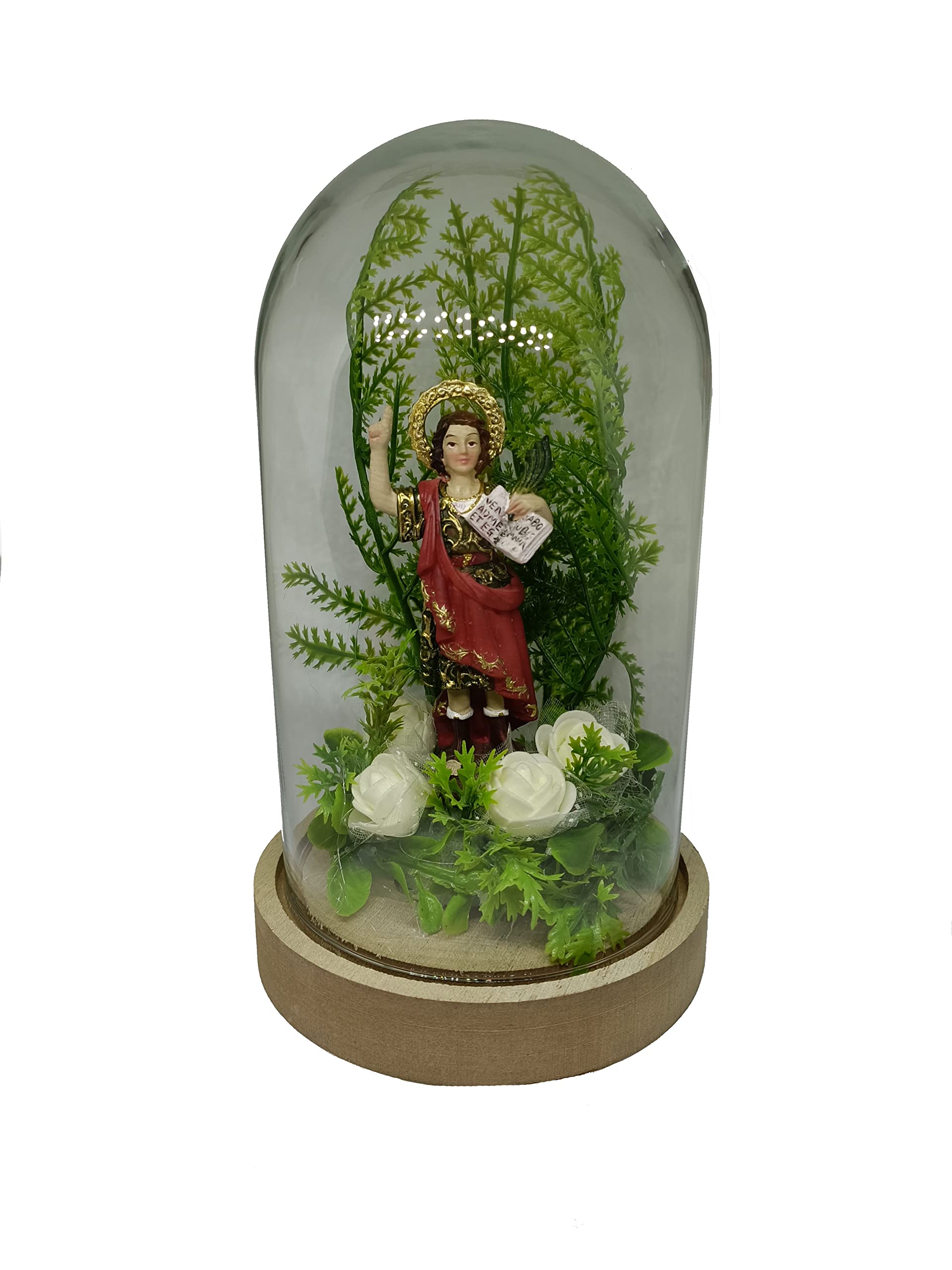Figure San Pancracio DRW statuette en résine peinte sous fanal cristal 11x20cm