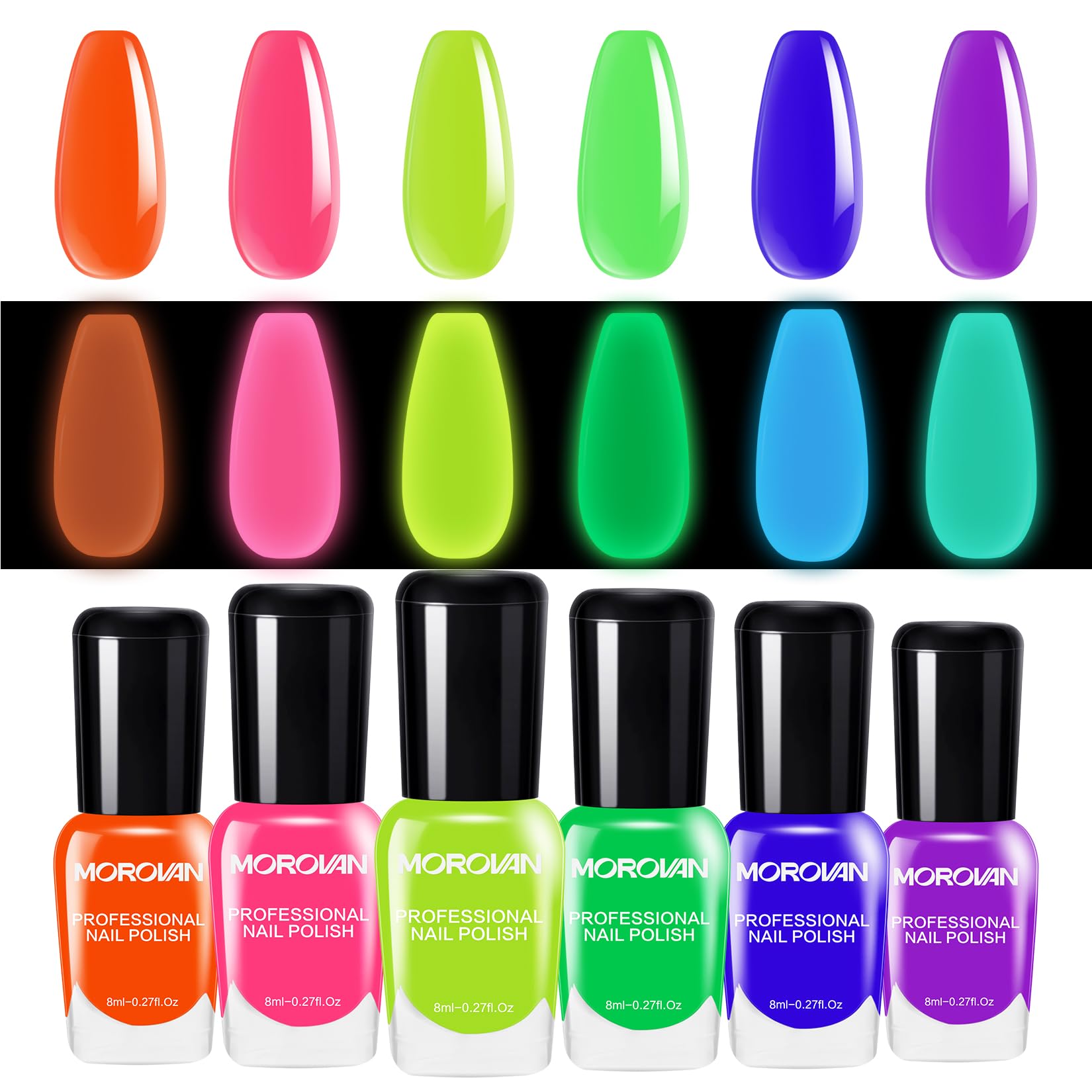 Morovan Neon Nail Polish Set: Fingernail Glow in The Dark Nail Polish Kit Air Quick Dry Regular Nail Polish Pack for Nail Art Gift Holiday Party