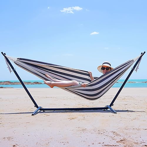 Miniatura 6 de Hamaca doble brasileña con correas de árbol, hamaca para 2 personas, cama portátil colgante para camping, patio, porche, uso en exteriores e