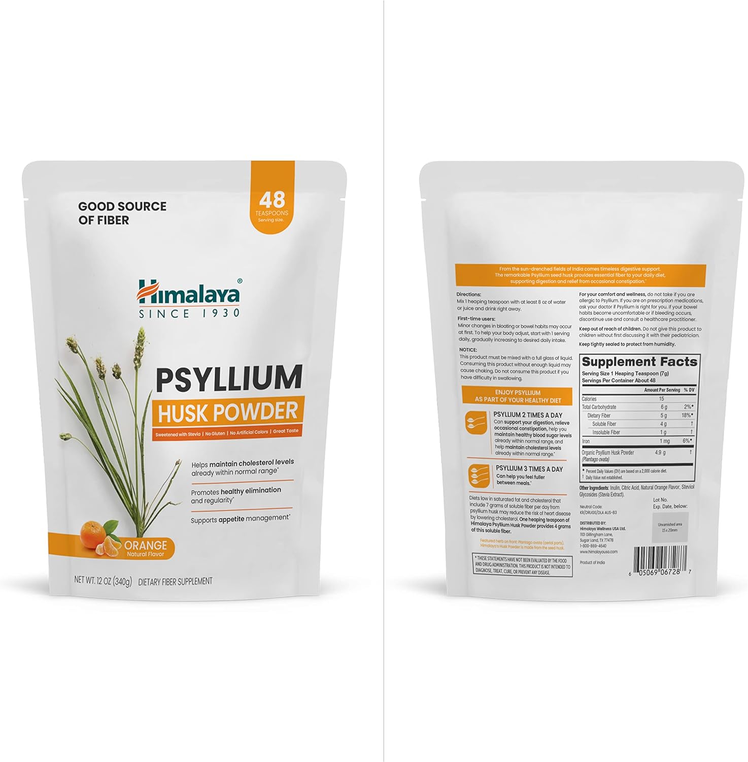 Himalaya Psyllium Husk Powder, Orange, 48 Servings - Daily Fiber Supplement for Supporting Digestive Health and Regularity - Vegan, Non-GMO, Sugar Free, Gluten Free, 12 oz (340 g)